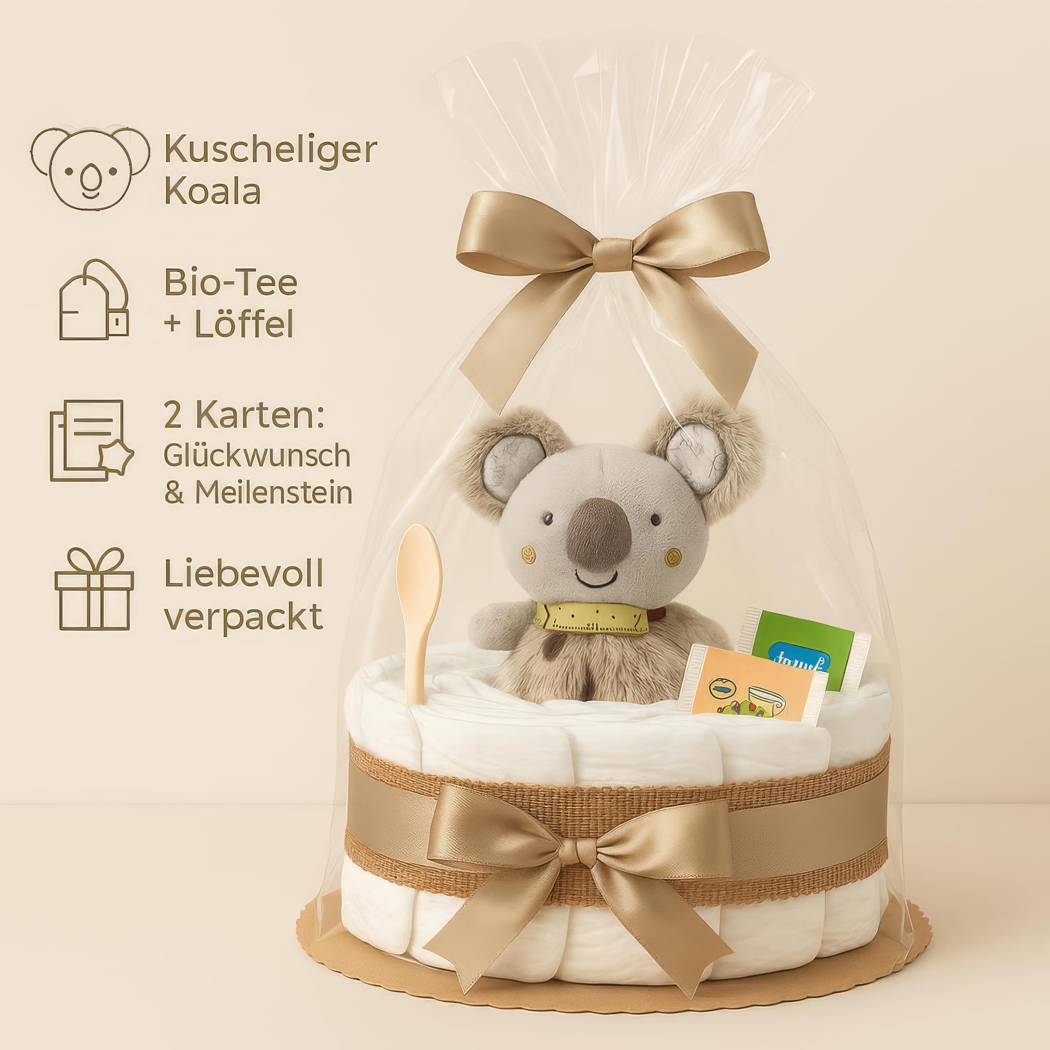 Tarta de pañales para niña y niño con koala Greifling, Boho Vintage Handmade | Regalo de nacimiento para bebé, con pañales premium, cuchara para bebé y té orgánico, neutral para baby shower y bautizo