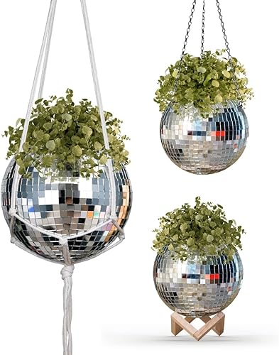 MC Numuss Store Maceta de bola de discoteca, color plateado, 2 opciones de tamaño, cadena para colgar, cuerda de macramé, soporte de madera y