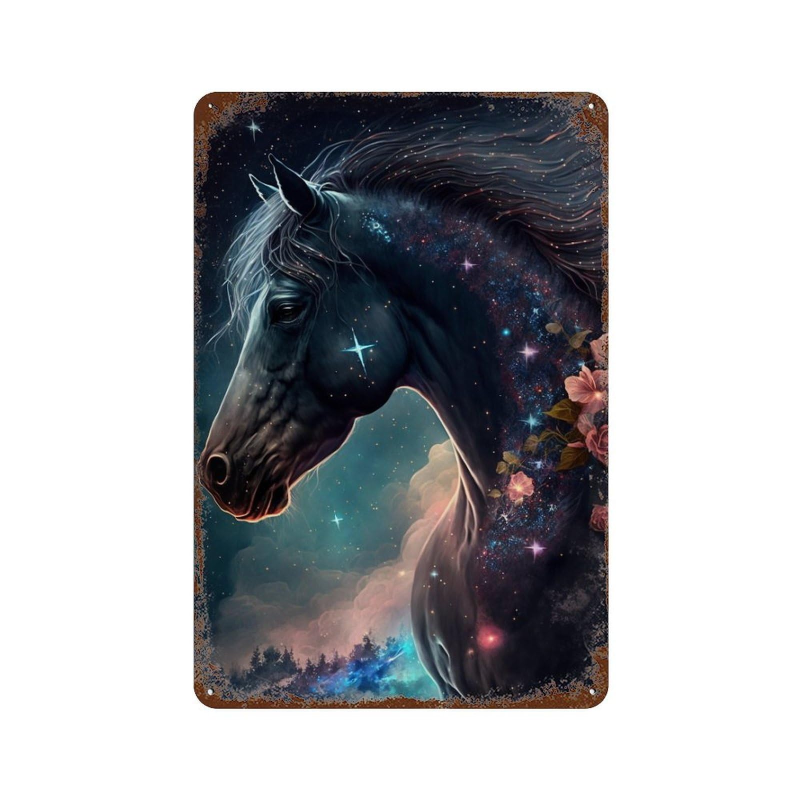 Galactic Horse with Flowers Vintage Rust Metal Sign 11.8"x7.9", Ideal for Cafe, Home Bar And Lounge Decor