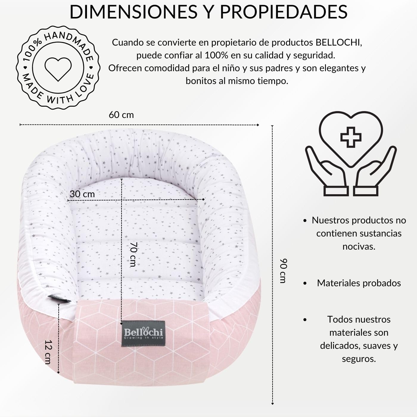 Bellochi Nido Bebe Recien Nacido, Reductor de Cuna Nido para Bebe - 100% Algodón - Oeko-Tex Certificado - 90x60x12cm con Bordes Protectores - Aurora