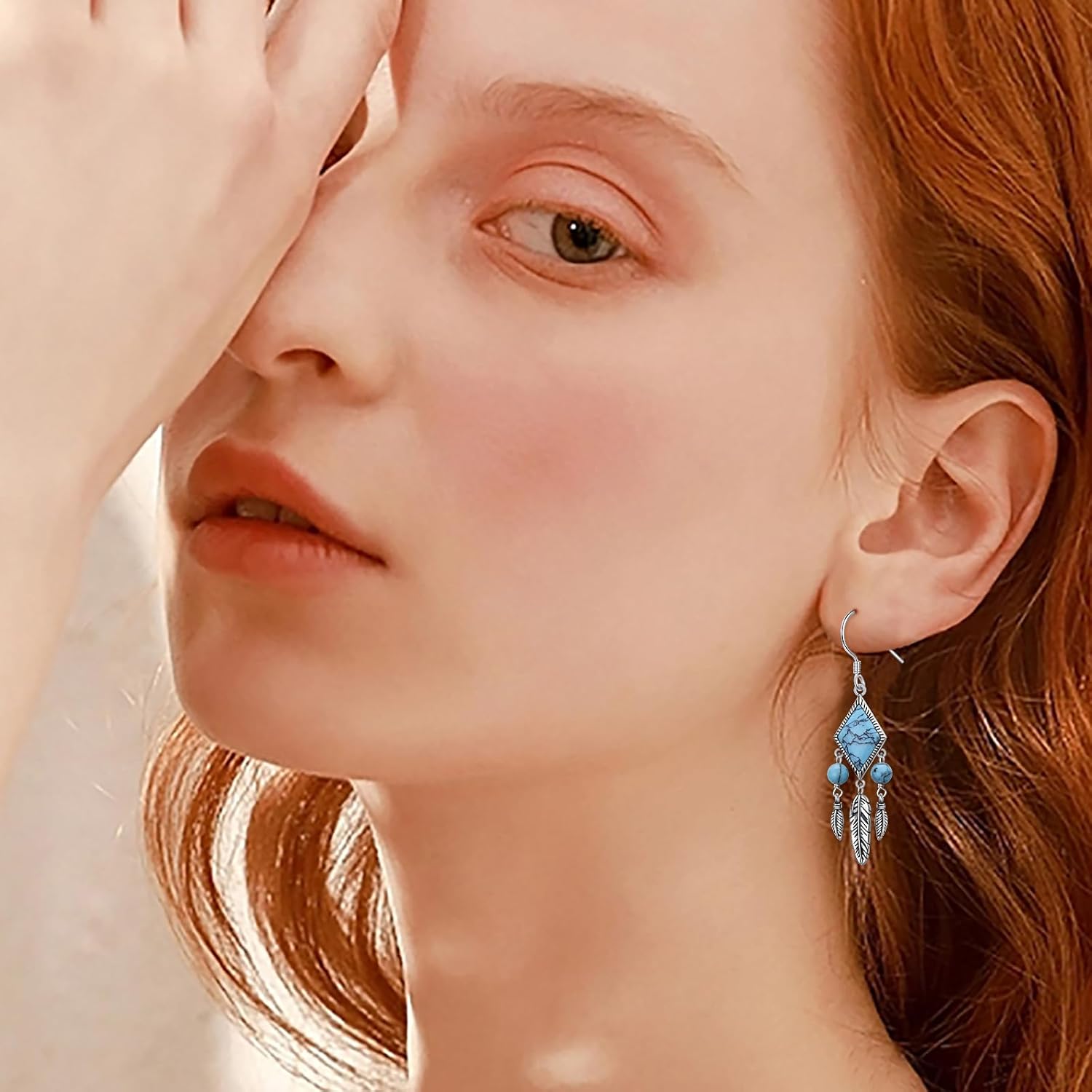 925 Sterling Silver Feather Turquoise Dangle Drop Earrings Jewelry Gift for Women - Image 2