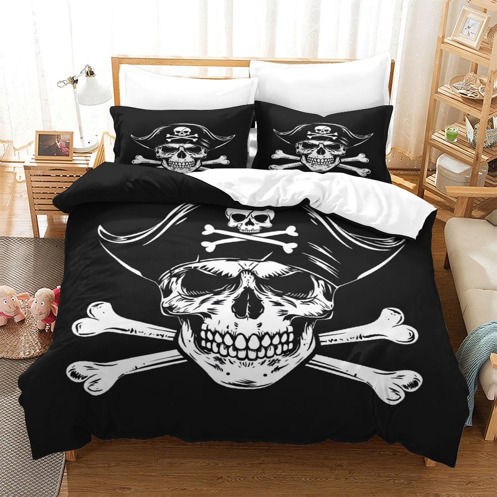 Pirate Skeleton Duvet Cover Print Bedding Set Microfiber 3D Printed Creative Patterns Comforter Cover Zipper Closure Quilt Cover Pillow Shams Bedroom Collection For Children And Adults Single140x200cm