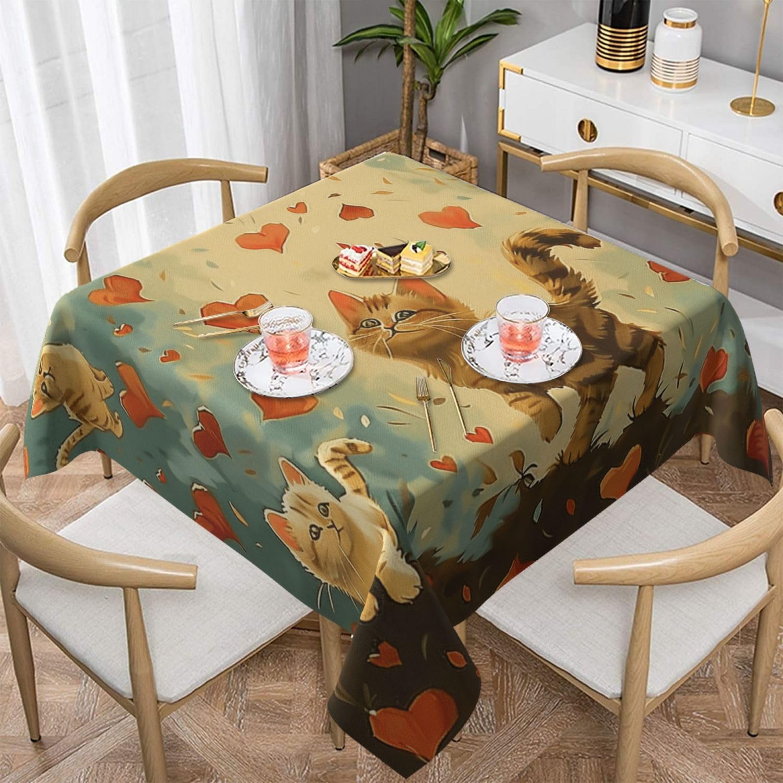 WPKJU Happy Walking Kitty Printed Square Tablecloth 60x60 inch Water Resistant Table Cover Washable Rectangle Table Cloth for Dining Tables