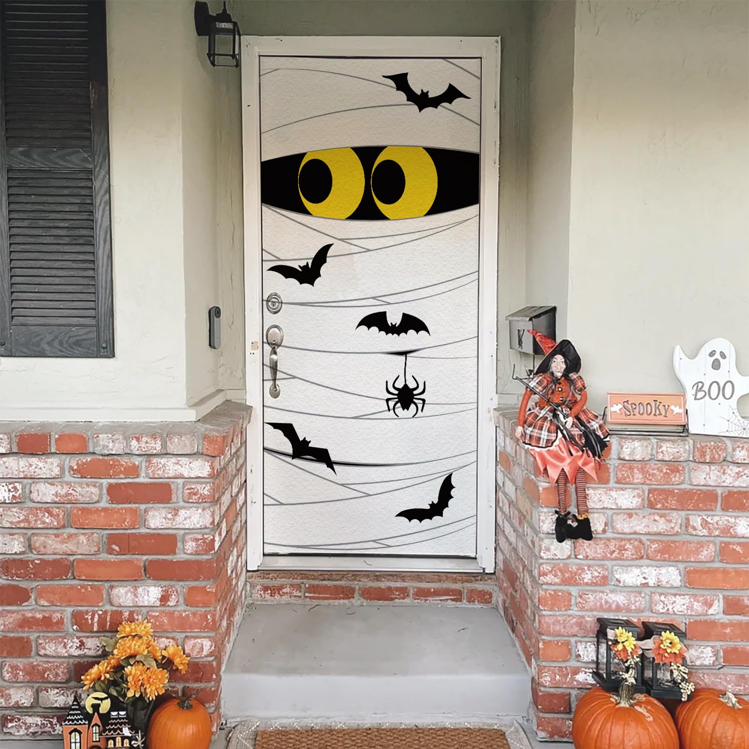 Urocza osłona na drzwi Halloween dekoracje na drzwi Halloween dekoracje ścienne dekoracje halloweenowe na drzwi wejściowe mumia drzwi baner na Halloween do wewnątrz na zewnątrz