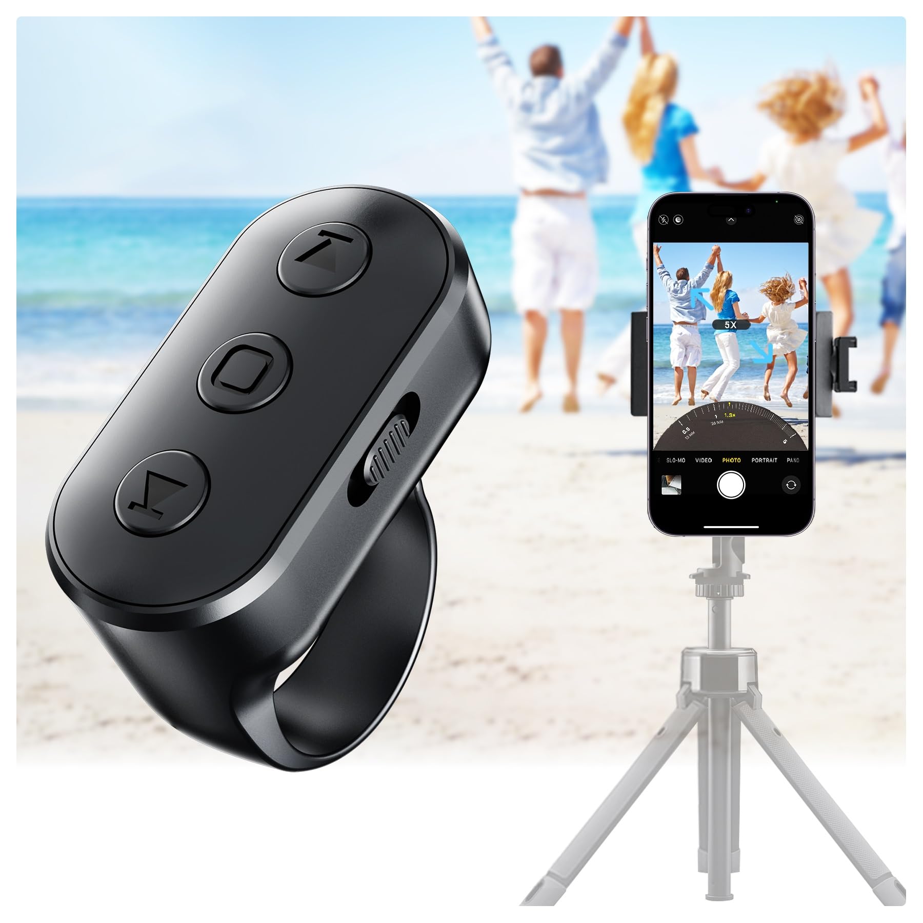 Kabelloser Ringkamera-Fernauslöser mit Zoom für iPhone Android, Bluetooth-Telefon-Auslöser mit Front-/Rückkamera-Schalter, Freisprecheinrichtung für Tiktok, YouTube, Foto- und Videoaufnahme