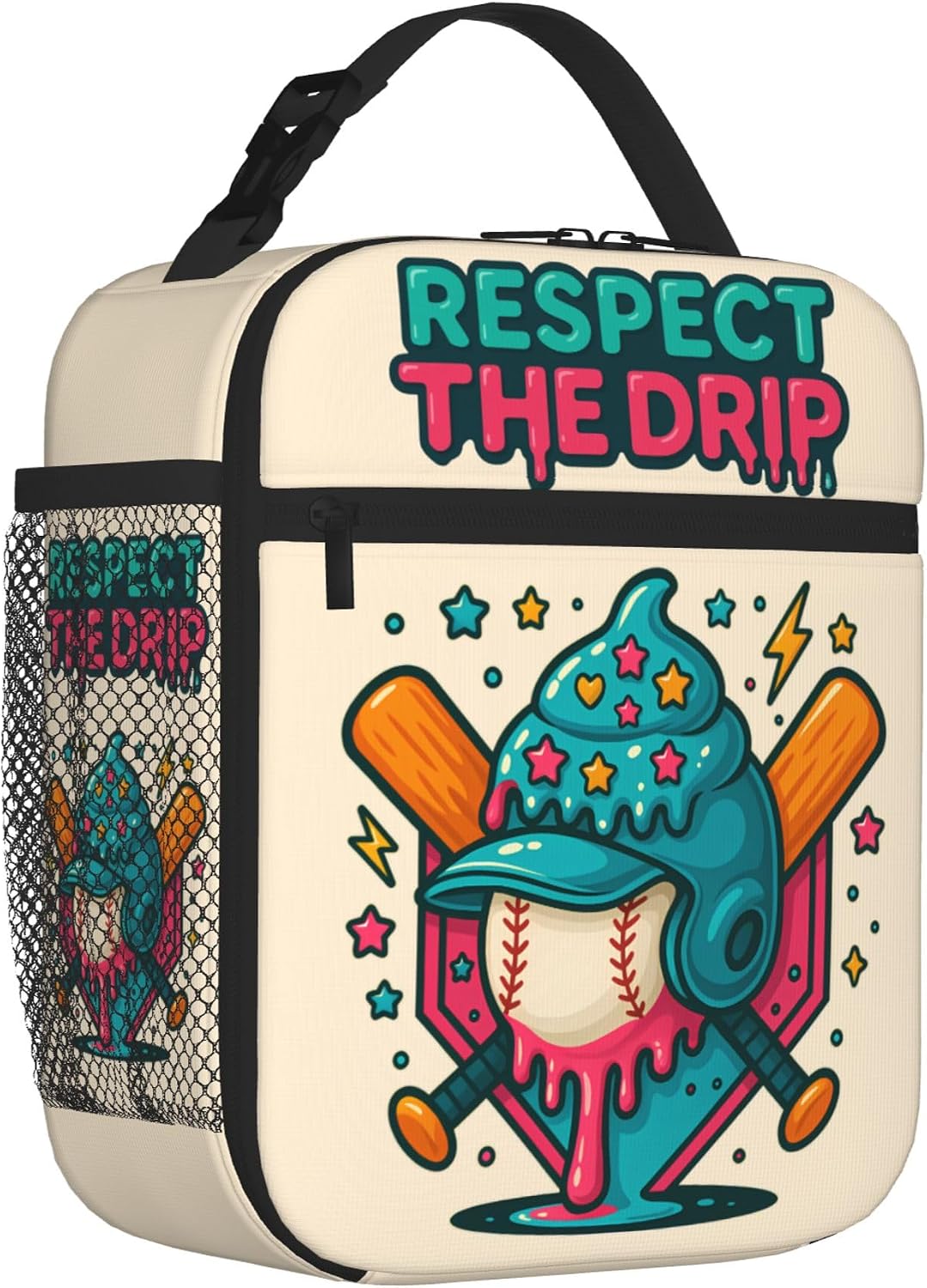 Respect The Drip Baseball Lunch Box for Boys, Cool Ice Cream Drip Insulated Lunch Bag with Bottle Pocket, Kids Teen Youth Lunch Tote for School, Work, Sports & Travel
