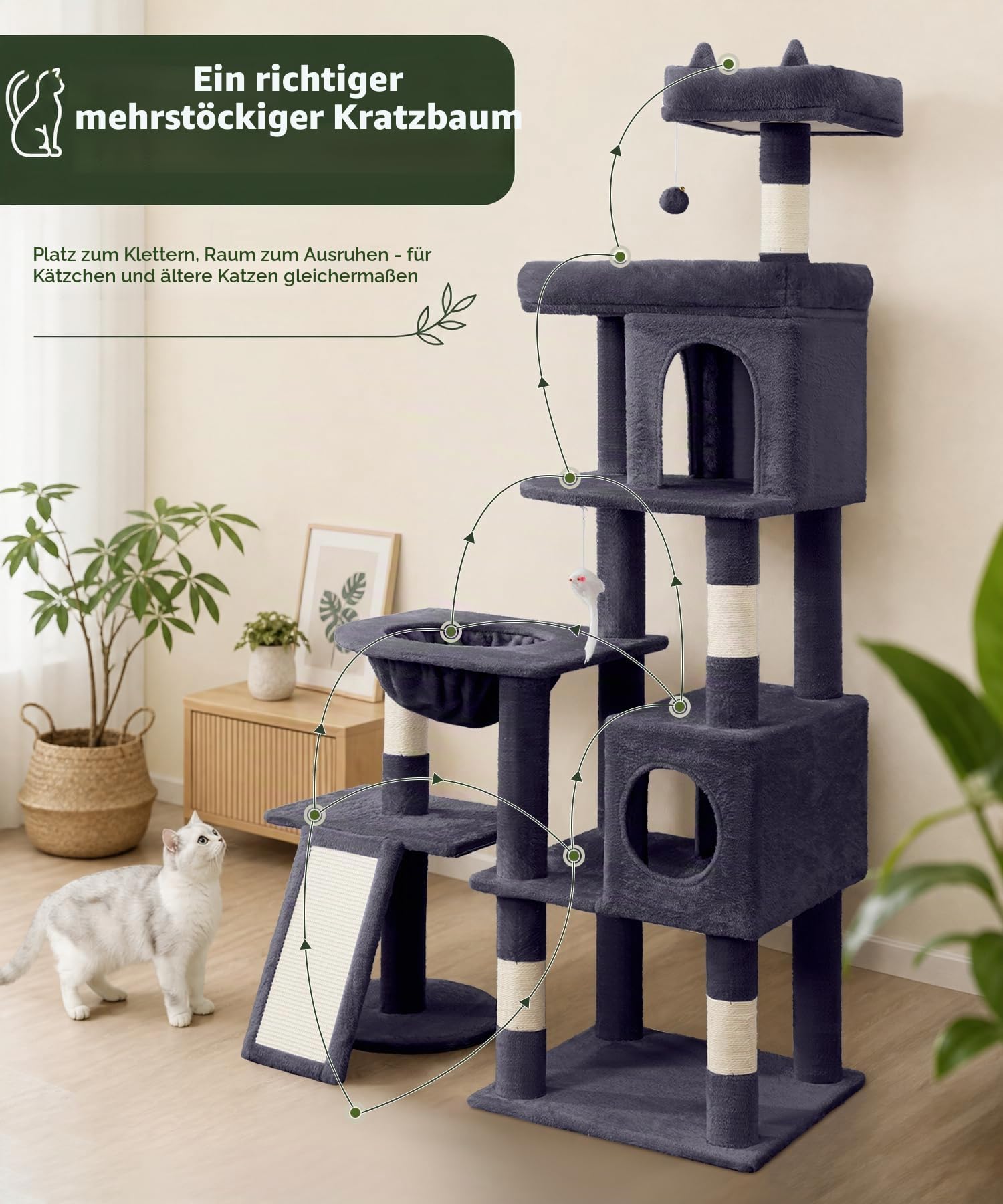 Kratzbaum, 173 cm hoch, Katzenbaum für große Katzen | XL Mehrstöckiger Katzenkratzbaum mit 2 Gemütliche Höhlen, 2 Plattformen, Korb, Kratzbrett, Sisal Kratzbaum, Plüschbälle