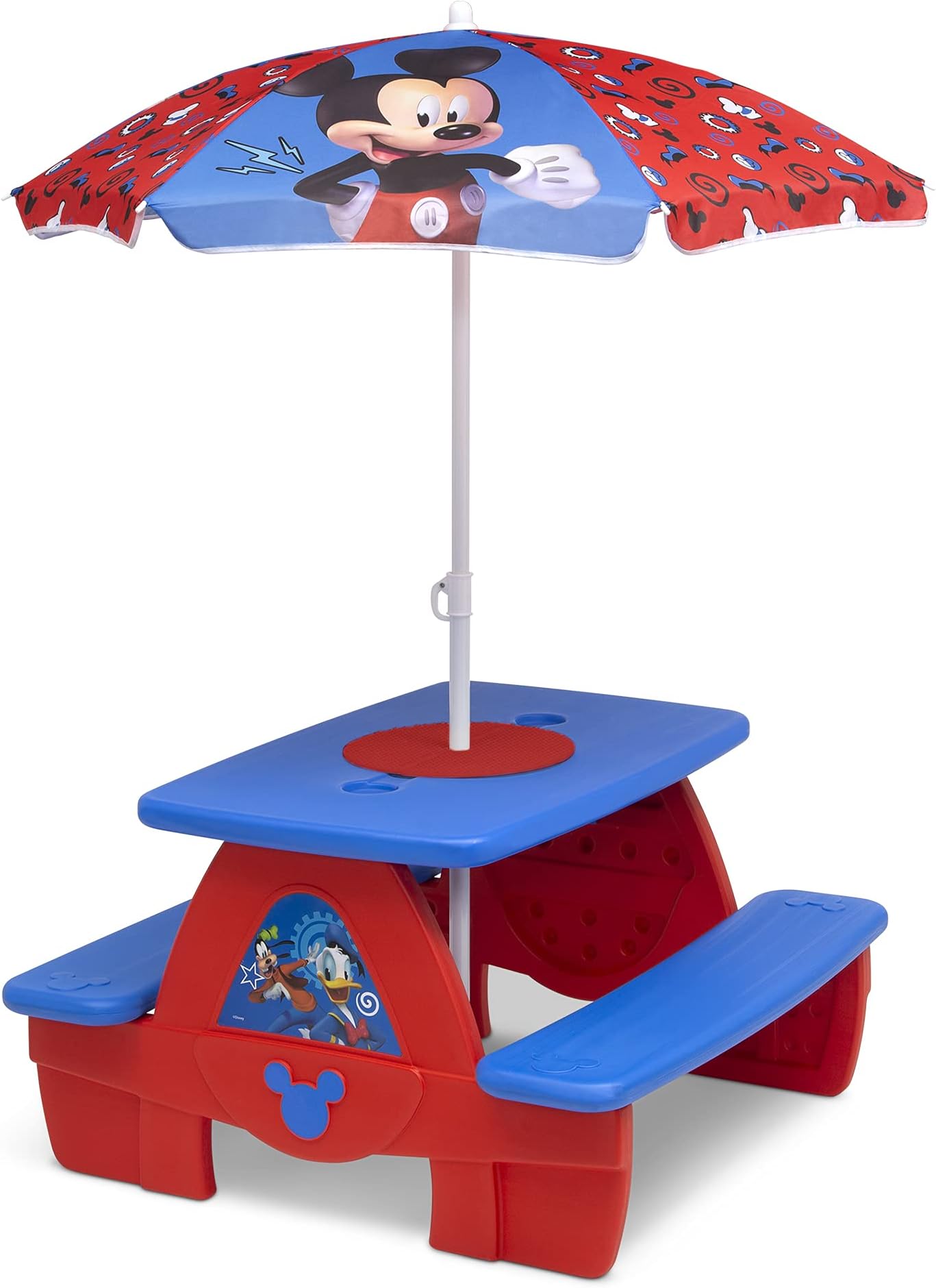 Disney Mickey Mouse 4 Seat Activity Picnic Table with Umbrella and Lego Compatible Tabletop