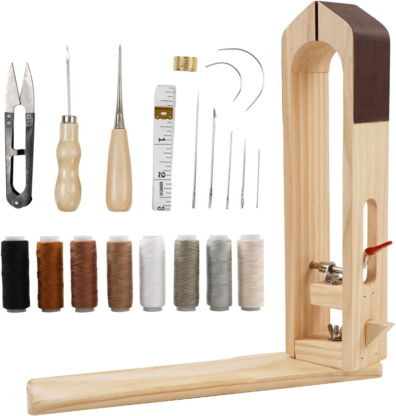 Leather Stitching Pony, Wood Leather Sewing Clamp Table Desktop Pony with Sewing Needles, Waxed Thread, Sewing Thread Awls, Scissors for DIY Hand Stitching Leathercraft Tools