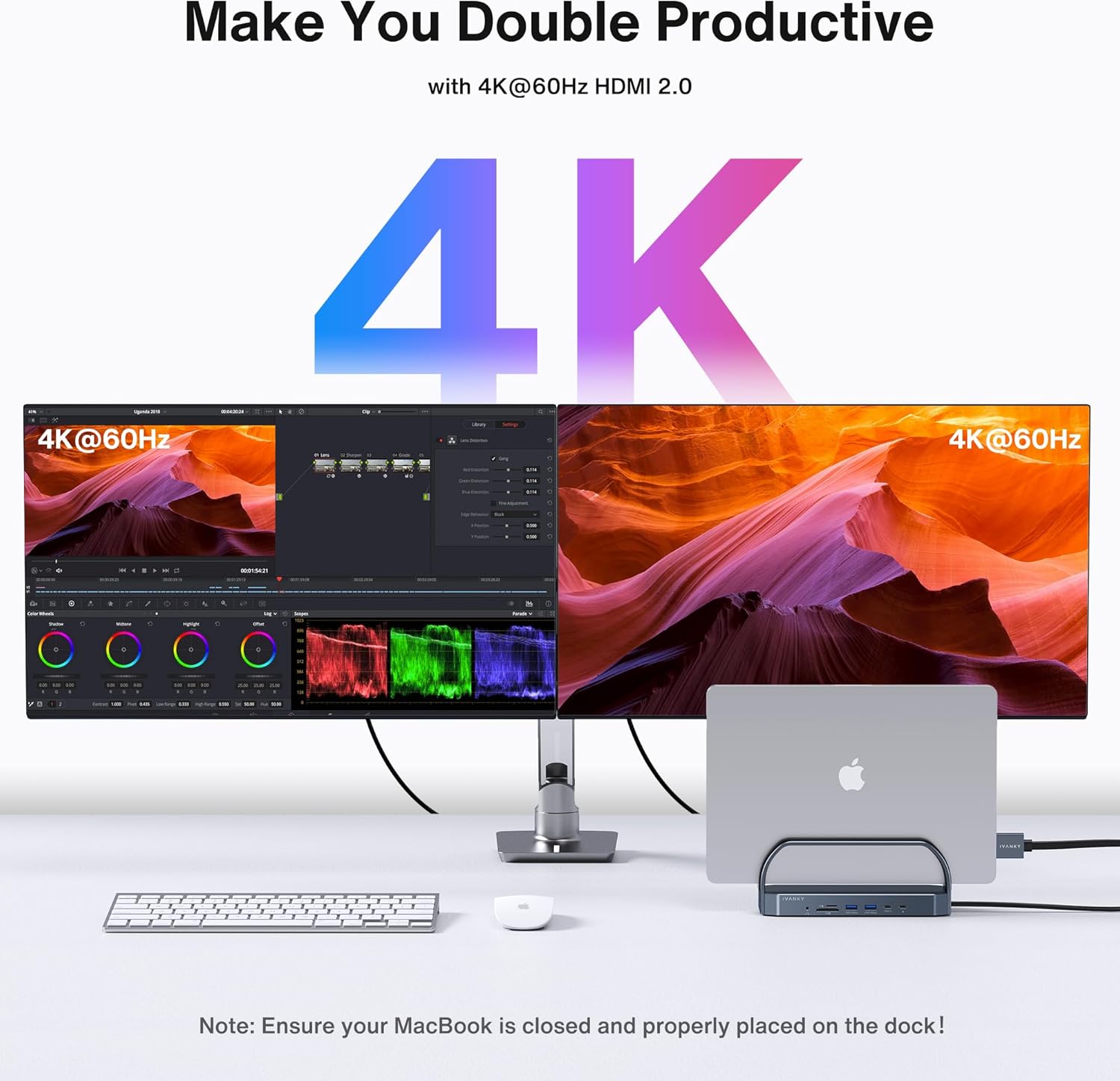 MacBook in iVANKY dock connected to dual 4K monitors