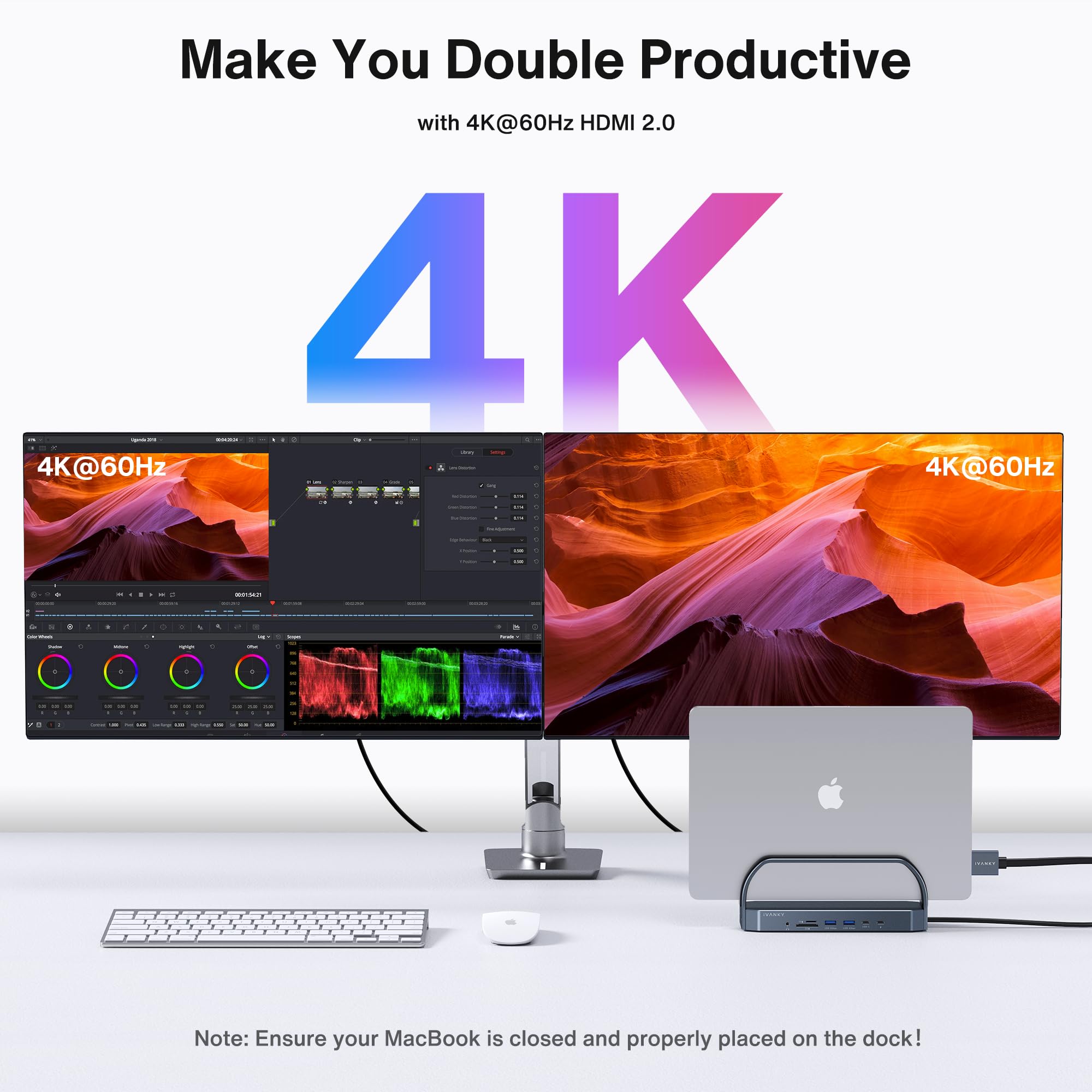 iVANKY 12-en-2 FusionDock 2 Estación de Acoplamiento Vertical para MacBook Pro con Adaptador de alimentación de 150W, Dock para Monitor Dual 4K@60Hz para Mac M3/M4 Pro/MAX, 2xHDMI, 96W PD, 6 USB