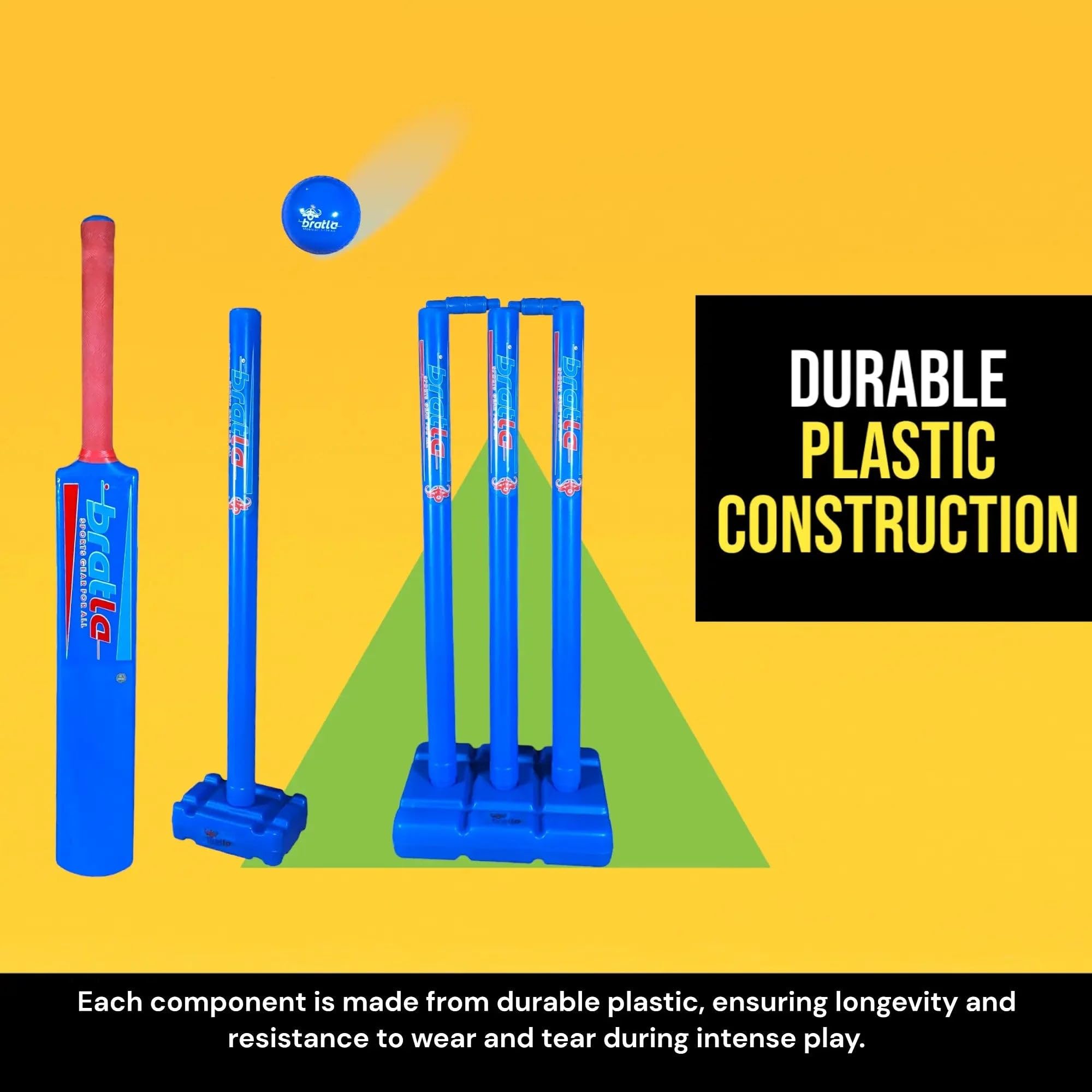 Bratla Plastic Cricket Set Size 6 - Blue Color | Backyard and Beach Set for Adults and Kids | Includes Bat, Wind Ball, Stumps, and Non-Striker Stump with Plastic Base