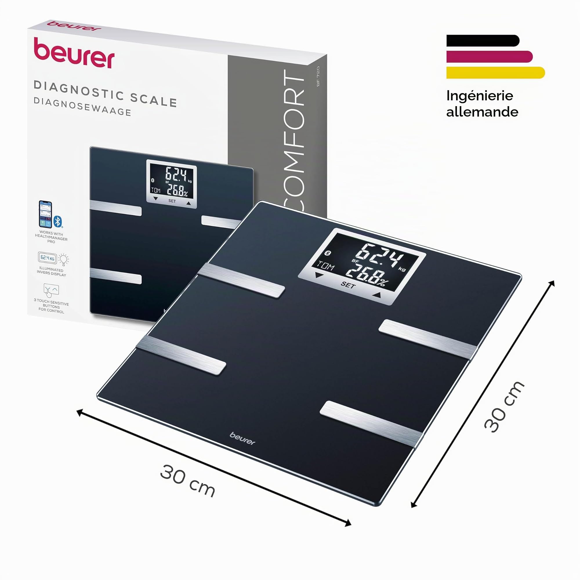 Beurer BF 720 Balance connectée Bluetooth avec APP, mesure poids, masse graisseuse, masse musculaire, besoins caloriques, noir