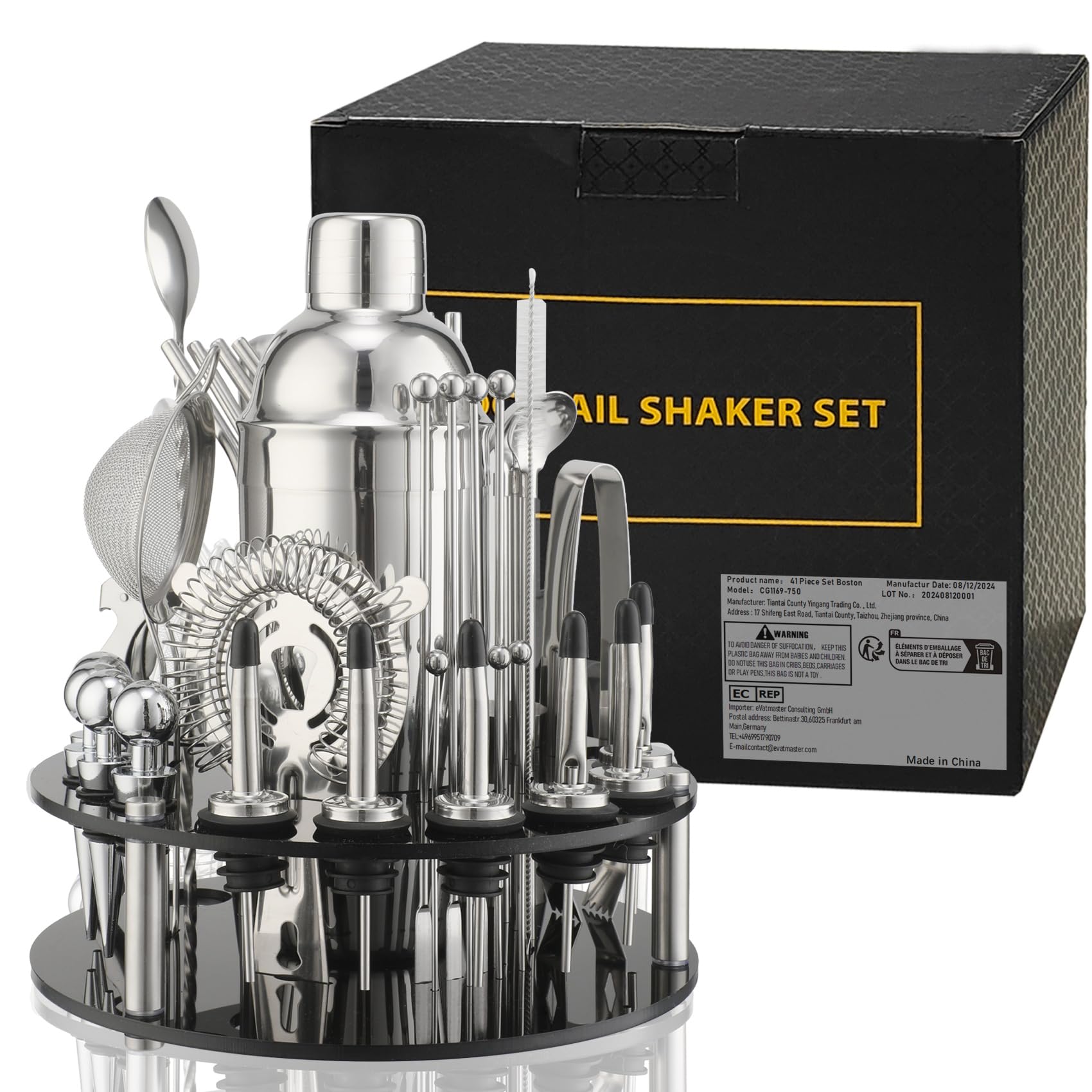 Set de Cocktail CKductpro,41 pièces en Acier Inoxydable,Support Rotatif à 360° en Acrylique,Kit de Barman Bar Gift Set