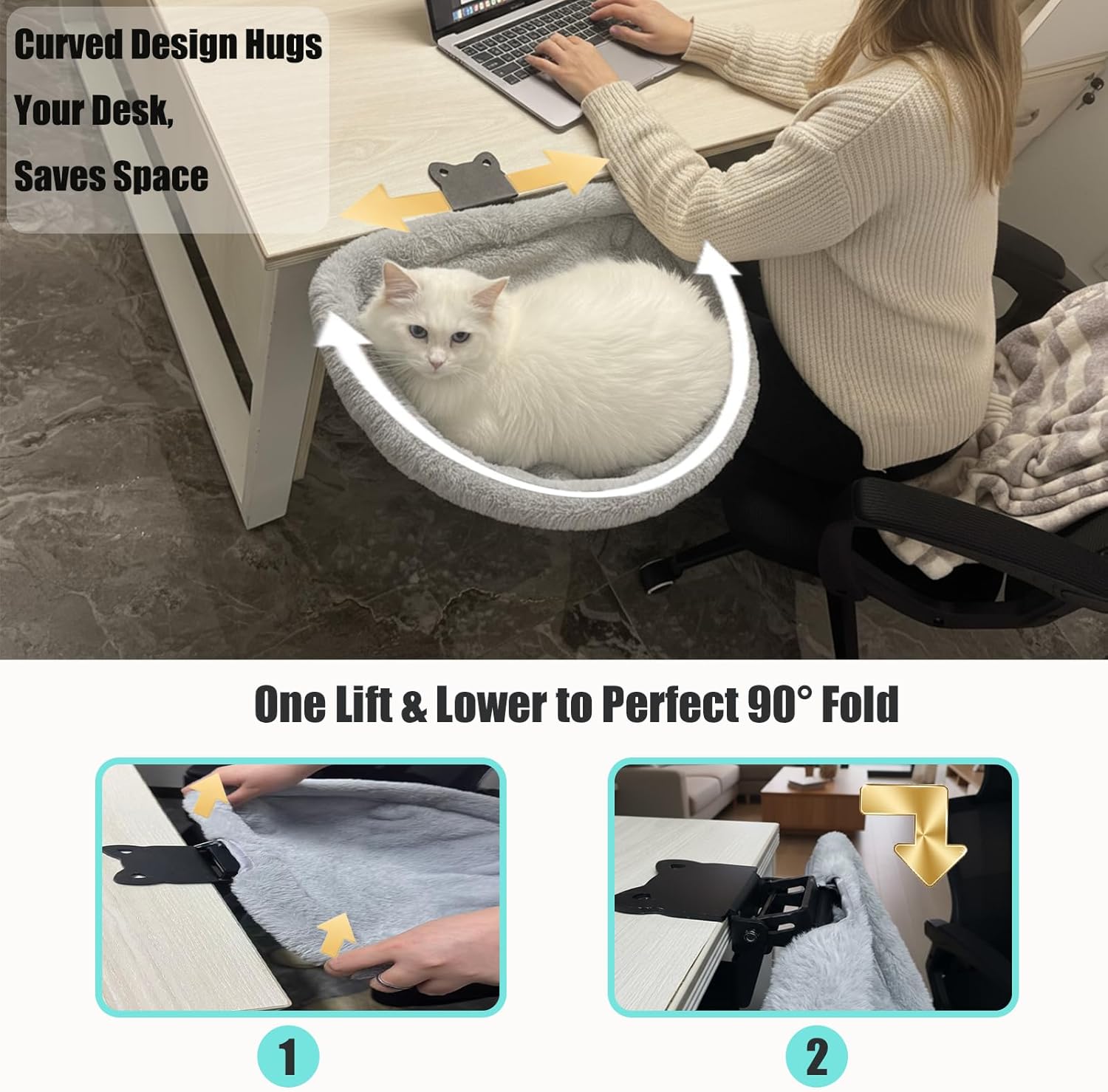 Cozy Winter Cat Desk Bed - One-Touch 90° Fold Down & Space-Saving Ergonomic Perch, Ultra-Plush Faux Rabbit Fur Sunken Nest for Remote Workers, Holds 40lb (18kg) - Perfect for Cats