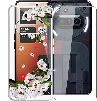 for Nothing Phone 3a Case + Tempered Glass Screen Protector, Clear Soft Silicone TPU Bumper Shell, Ultra-Thin Anti-Fall Back Cover for Nothing Phone 3a 6.77" - Pear Blossom
