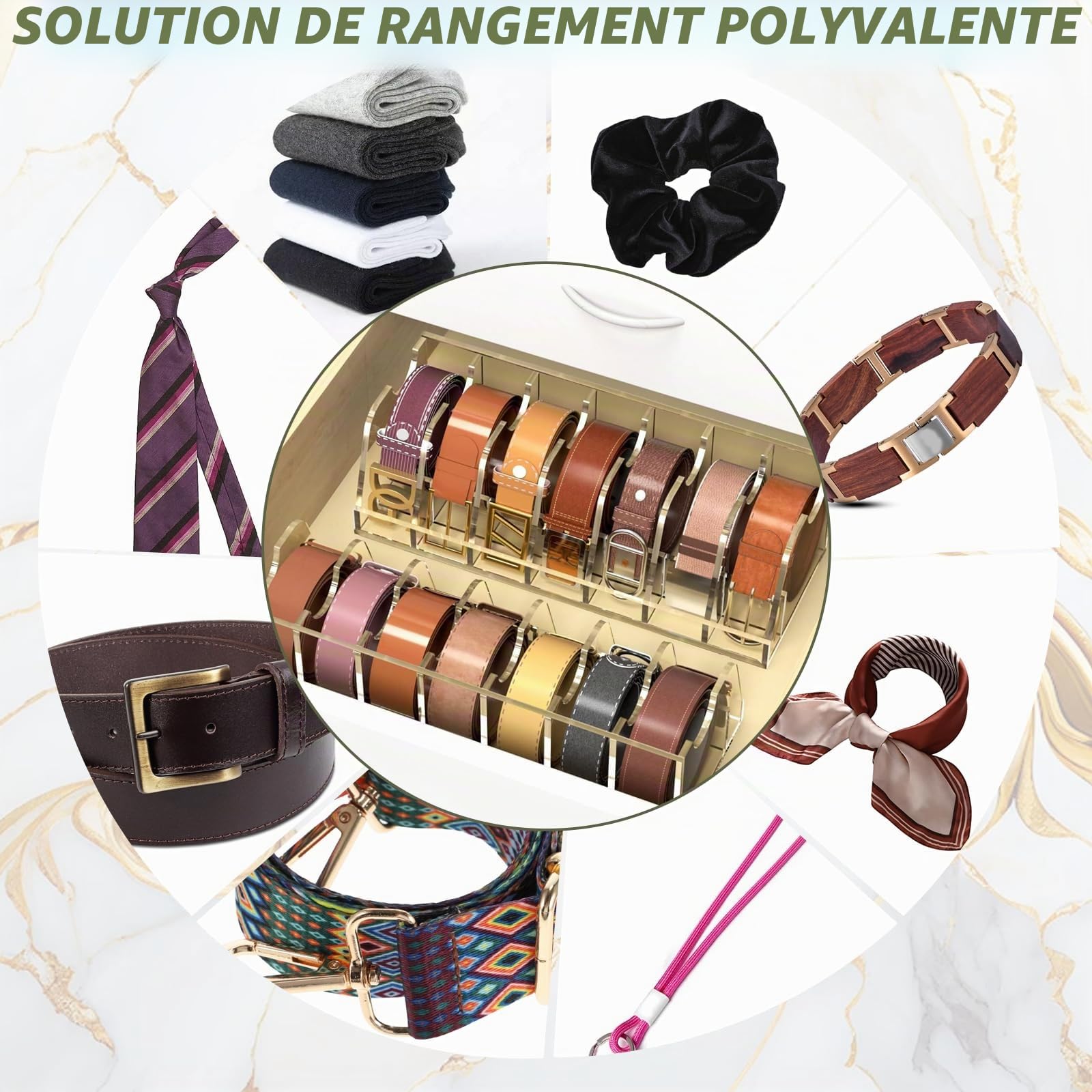 Boîte à ceinture en acrylique avec 7 compartiments et design de tiroir, idéale pour organiser et ranger les cravates et les ceintures dans les tiroirs de garde-robe.