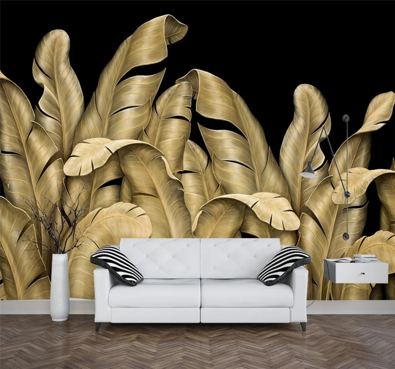 Tzxztt 250Cm×170Cm(B×H) Minimalist Elegant Hand Drawn Gold Banana Leaves Modern 3D Wallpaper Premium Textured Silk Neutral Tones Material Ideal For Living Room Bedroom-250Cm×170Cm
