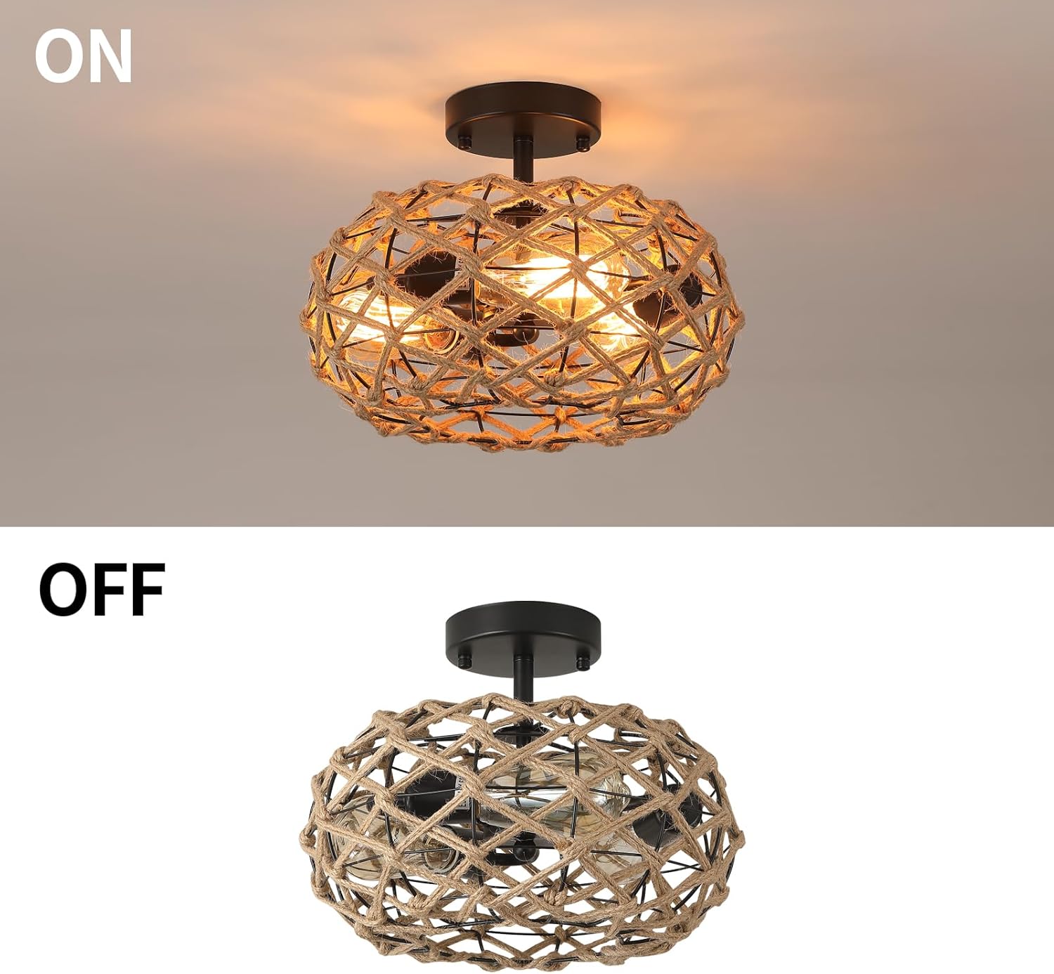 3-Light Coastal Woven Flush Mount Ceiling Light Fixture 13.38 inch Boho Rustic Handmade Hemp Rope Round Cage Semi Flush Mount Ceiling Light for Hallway Hall Entry Bedroom Farmhouse Beach, Black