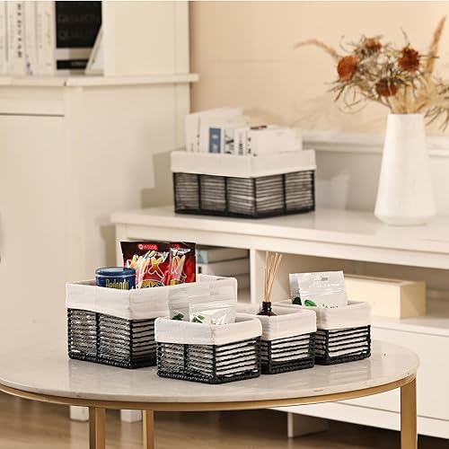 Miniatura 4 de Vagusicc Cestas de almacenamiento de mimbre, cestas negras de cuerda de papel tejidas a mano para almacenamiento, cestas rectangulares de mimbre