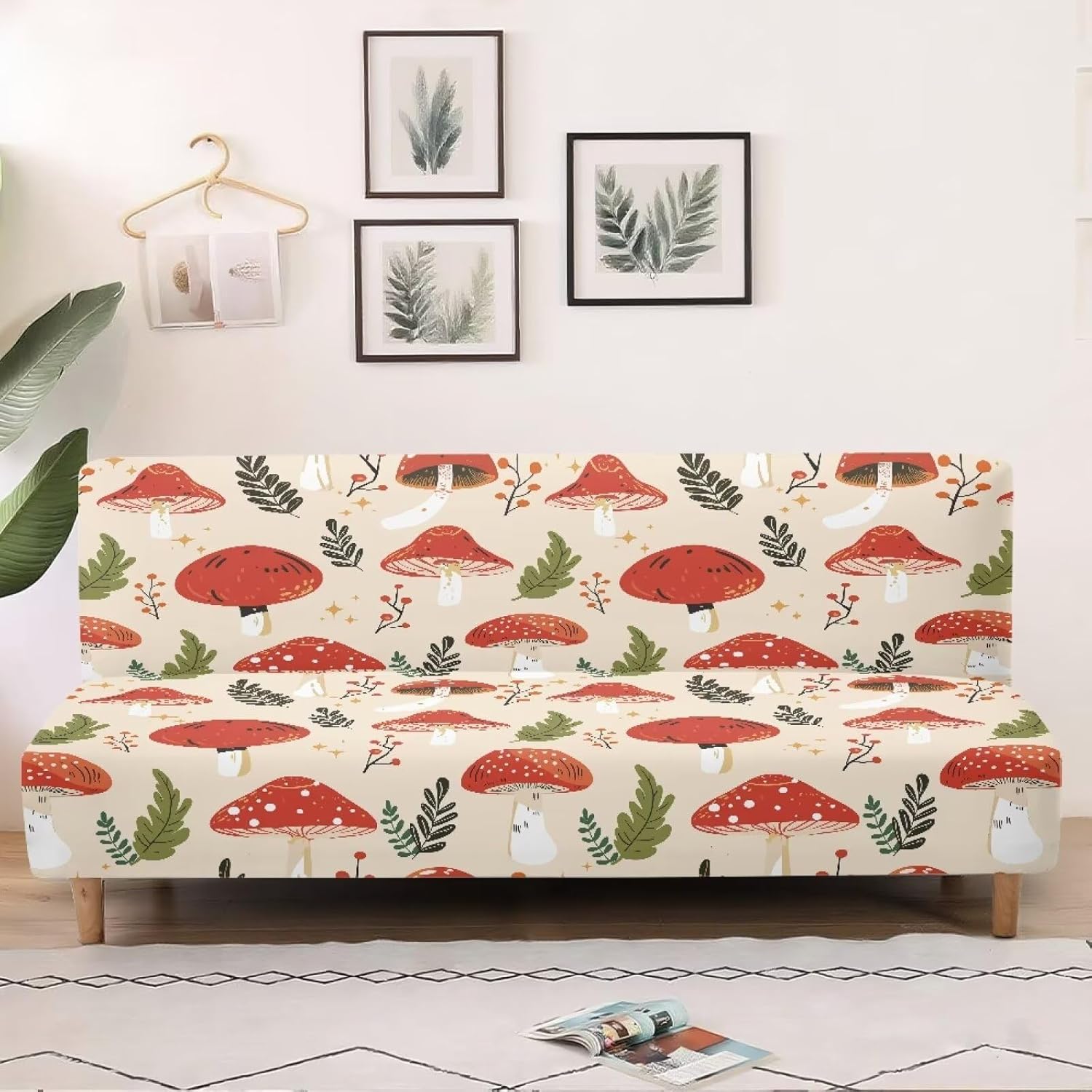 Mushroom Leaf Pattern Armless Futon Sofa Slipcover, Anti Scratch Couch Cover Stretch Furniture Protection Armless Futon Sofa Slipcover for Kids, Pets