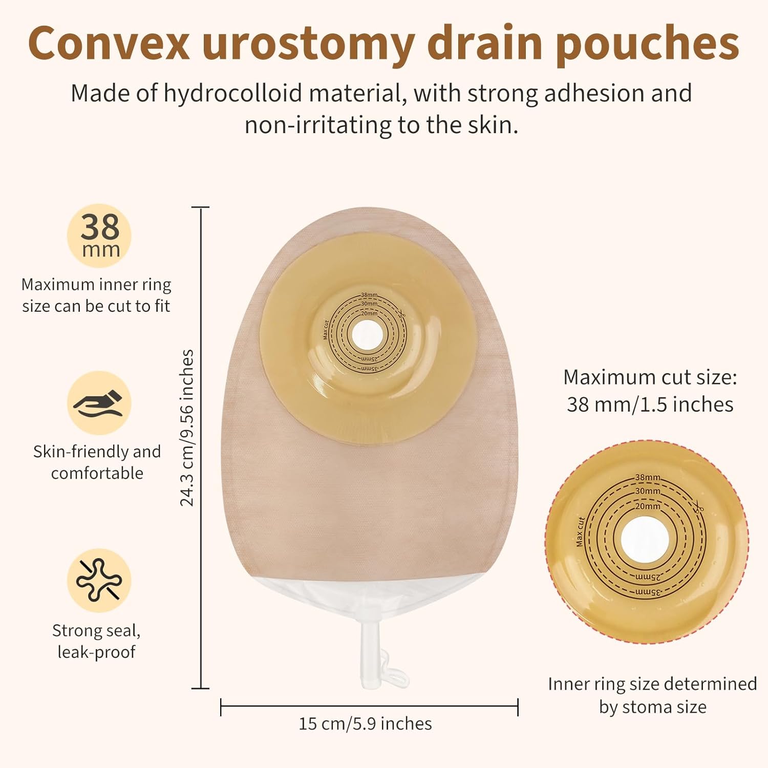 DERAYMI 10 Pack Convex Urostomy Bags for Retracted Recessed stomas Uneven Skin Surfaces, One Piece Drainable Urostomy Pouches with A Belt, Enhanced Anti-Backflow Leak Prevention, Cut-to-Fit 38 mm
