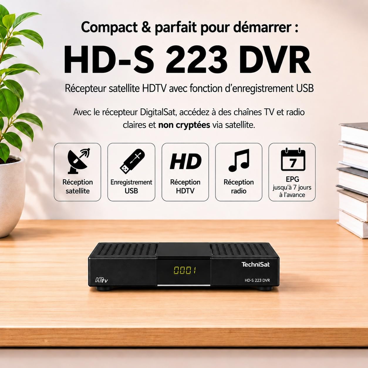 TechniSat HD-S 223 DVR - Récepteur Satellite HD Compact avec Fonction d'enregistrement USB (Sat DVB-S2, HDTV, HDMI, Lecteur multimédia USB, liste de programmes, Mise en Veille, Prise en Charge EPG de