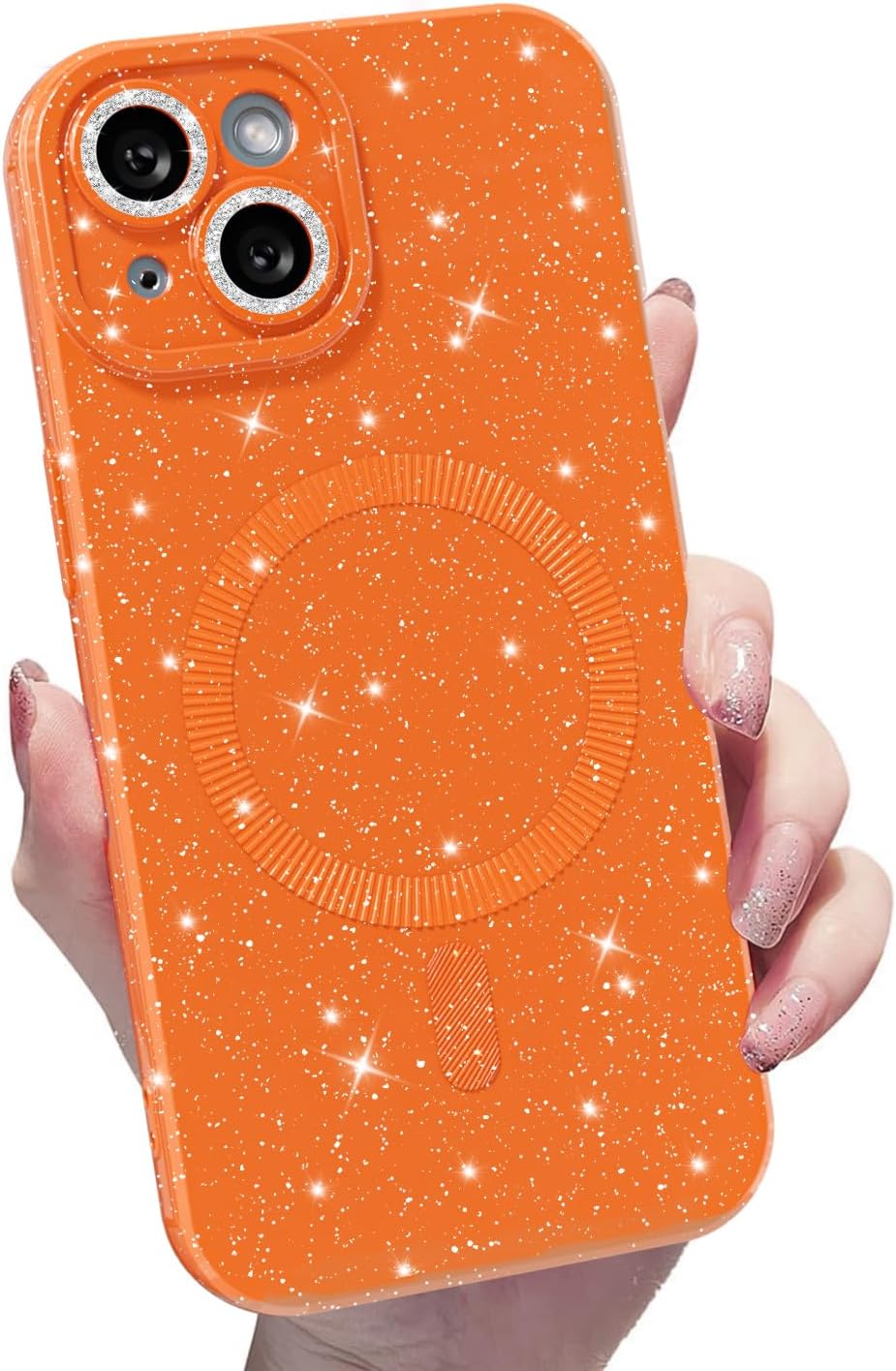 MINSCOSE for iPhone 13 Mini Case Magnetic Compatible with Magsafe,Cute Neon Glitter Super Vibrant Shiny Bling Sparkly Glossy Girly Case with Thin Slim Camera Protection for Women Girl-Orange