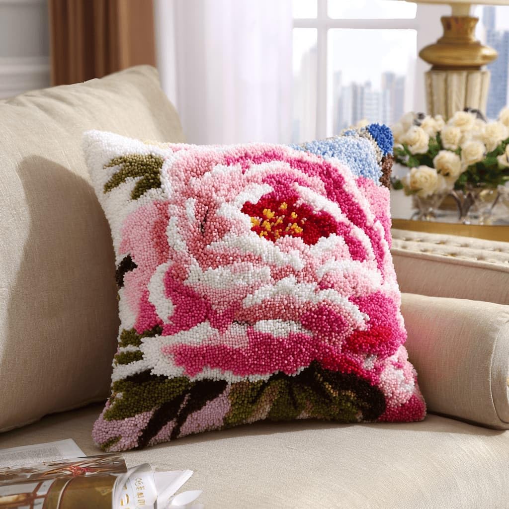 Kitquiver Latch Hook DIY Pillow Kit,Peony Handmade Cushion Cover 43X43Cm