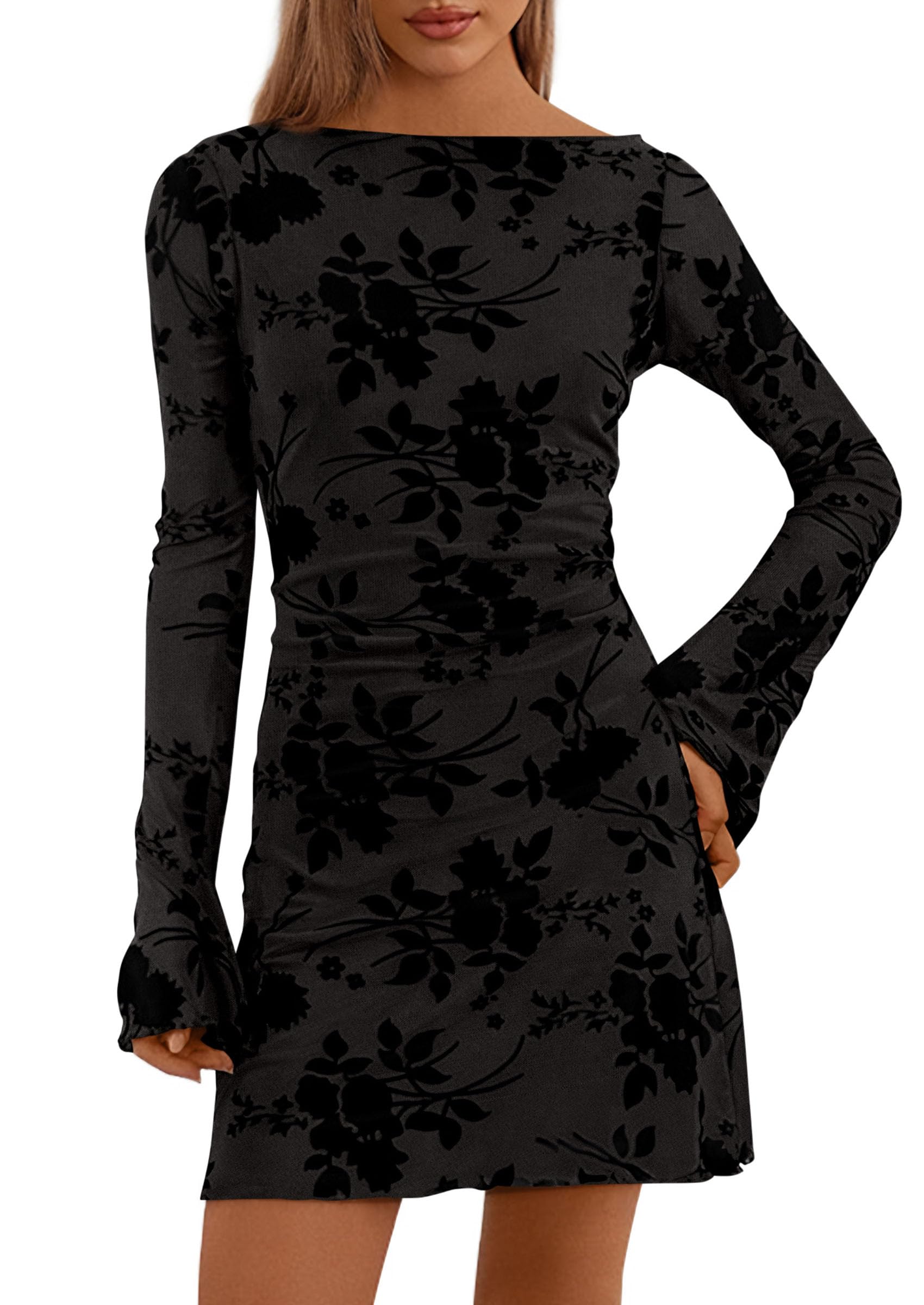 PRETTYGARDEN Womens 2026 Fall Fashion Floral Long Sleeve Mini Dress Mesh Bodycon Short Party Date Night Going Out
