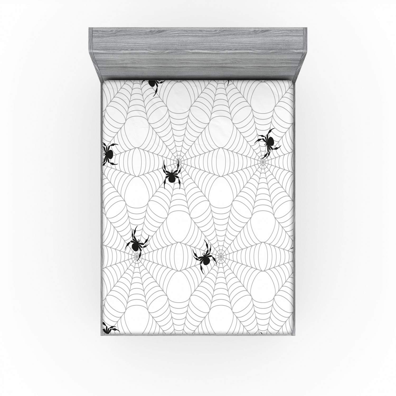 Ambesonne Halloween Fitted Sheet, Horror Concept Trick or Trick Crawling Animal Network Fractal Look, Comfy Bed Cover with All-Round Elastic Deep Pocket, California King, White Grey