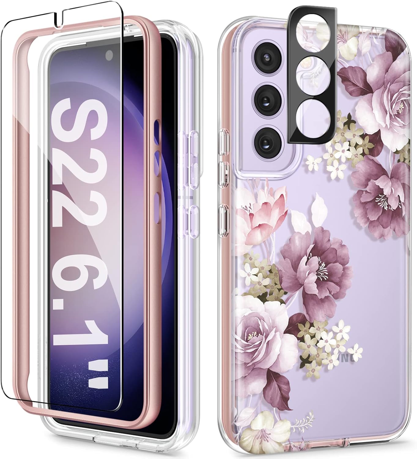 GVIEWIN for Samsung Galaxy S22 Case with Screen Protector + Camera Lens Cover, Military Grade 21ft Shockproof Drop Test,[Full-Body Protection] Clear Flower Phone Case for Women(Cherry Blossoms/Purple)