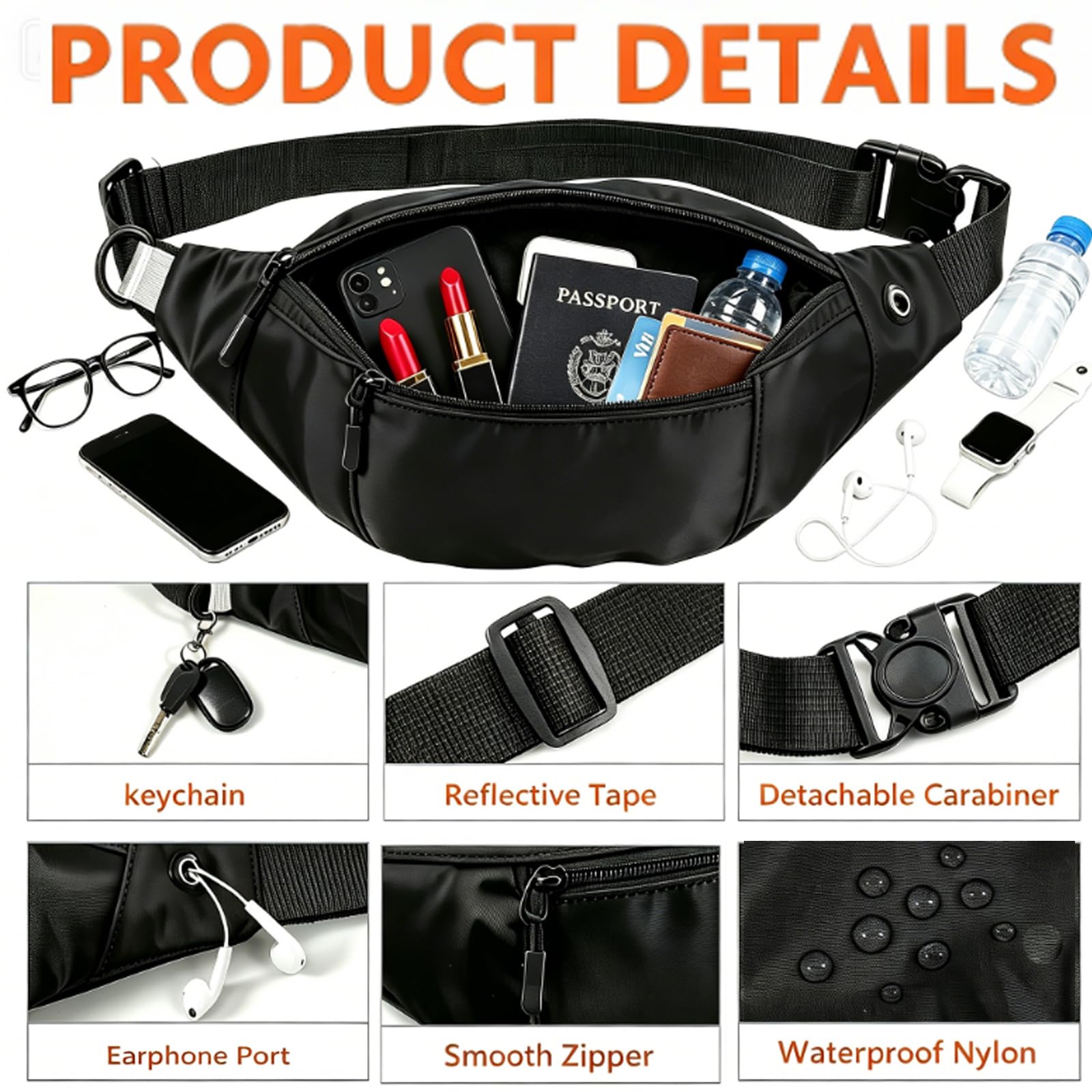 Crossbody-Gürteltasche, große Kapazität, Hüfttasche mit versteckten Reißverschlusstaschen, verstellbarer Riemen, Bauchtasche, wasserdicht, Oxford-Stoff, Reise-Gürteltasche für Outdoor, Einkaufen