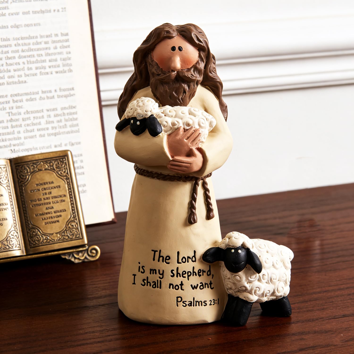 DurableDelights 4.13'' Shepherd Figurine with Lamb β Resin Religious Shepherd Statue with Psalm 23:1 Bible Verse, Christian Home Decor Ornament for Table, Shelf or Prayer Space