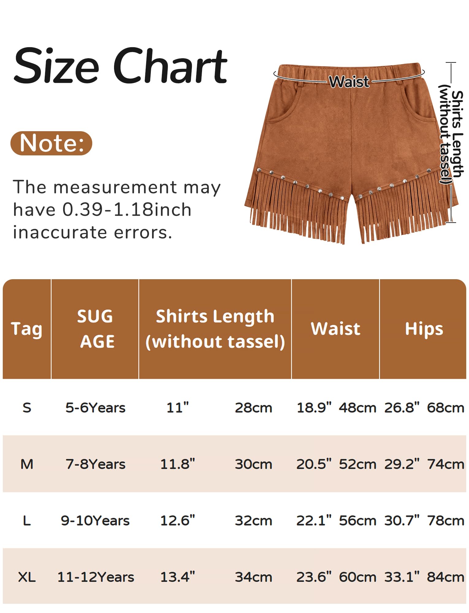 Maeau Pantaloncini da ragazza in finta pelle scamosciata con frange pantaloncini con nappe abiti da cowgirl con tasche rivetti pantaloni corti Boho