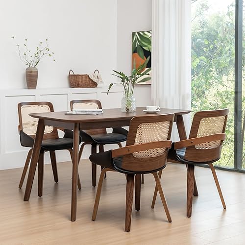 Miniatura 12 de Juego de 4 sillas de cocina y comedor, sillas de comedor verdes con marco de madera curvada de nogal, respaldo ergonómico de ratán, brazos curvos,