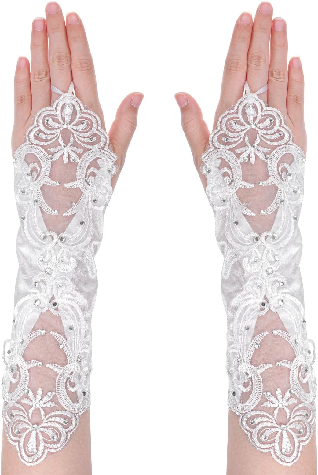 White Lace Gloves Bride Wedding Fingerless Gloves White Rhinestone Bridal Glove for Wedding Party Prom Costume Accessories