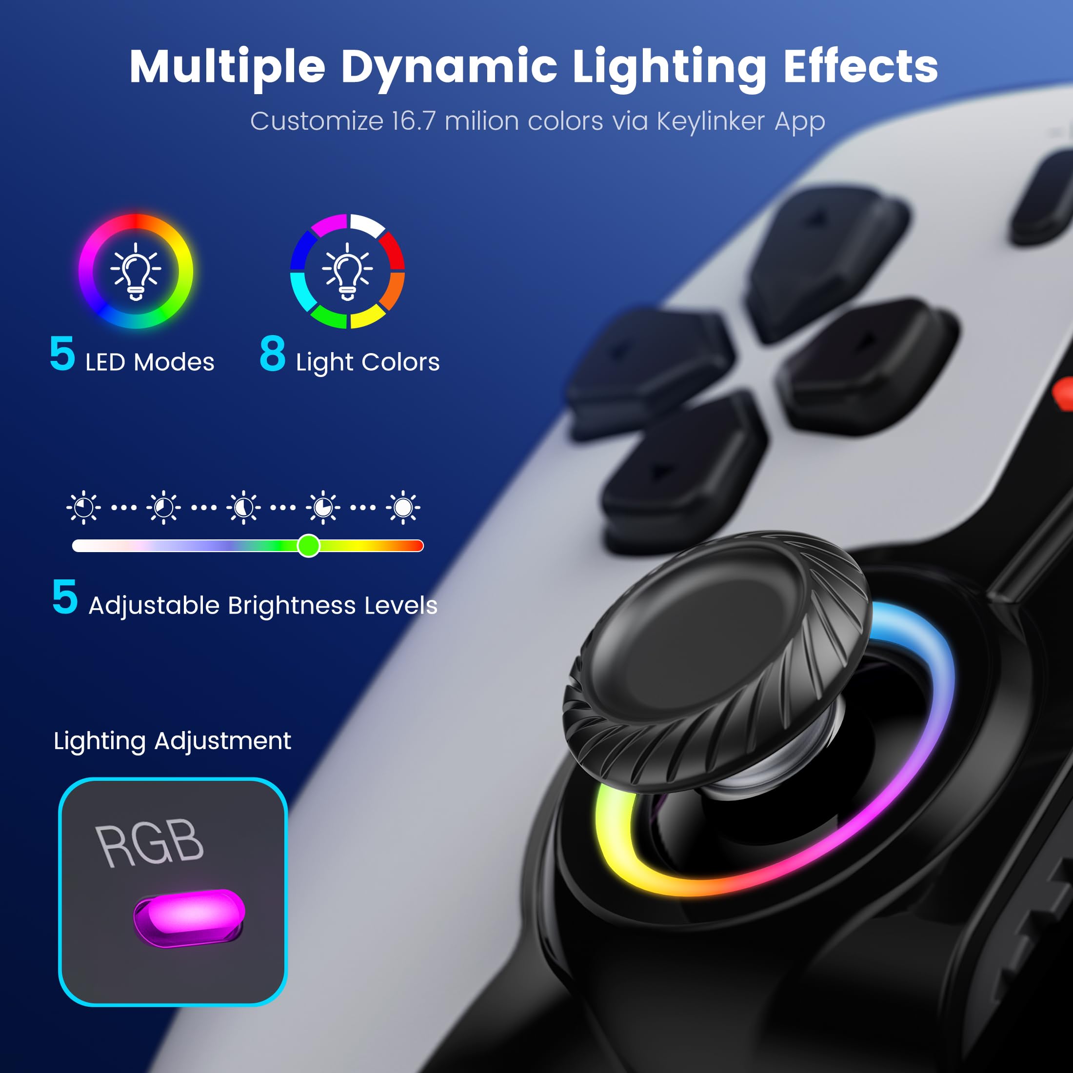 Controlador de teléfono para iPhone/Android/Switch 1/2/OLED/iPad Mini con joystick Hall, controlador inalámbrico LED para juegos móviles para iOS compatible con PS Remote Play, Xbox Cloud, Steam Link