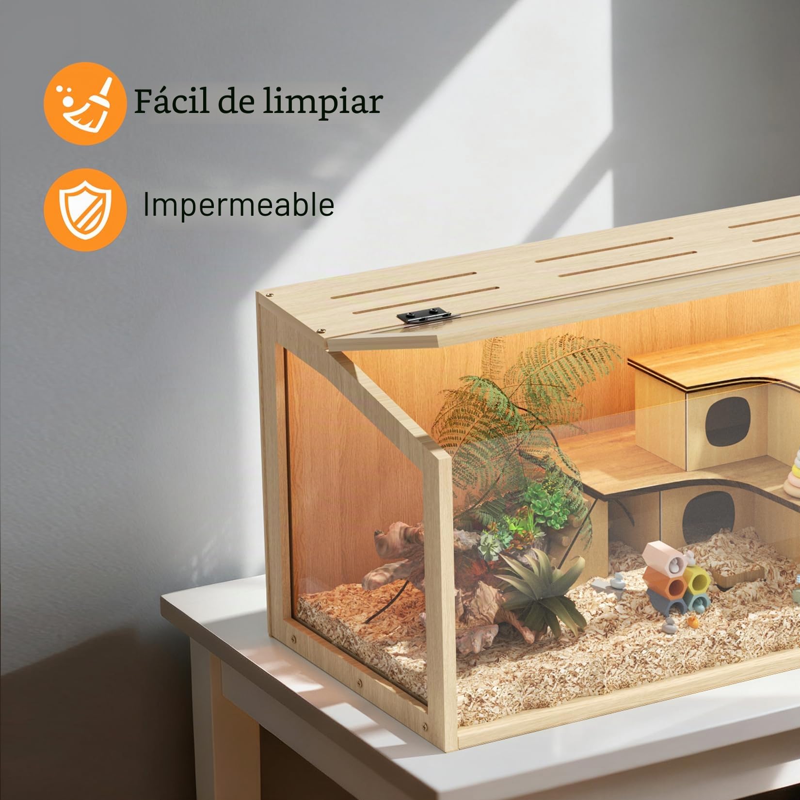 BingoPaw Jaula para Hámster, 80x40x40cm Jaula Hamster Madera con Luces LED Integradas y Paredes de Vidrio Templado para Hámsters Enanos Jerbos y Animales Pequeños