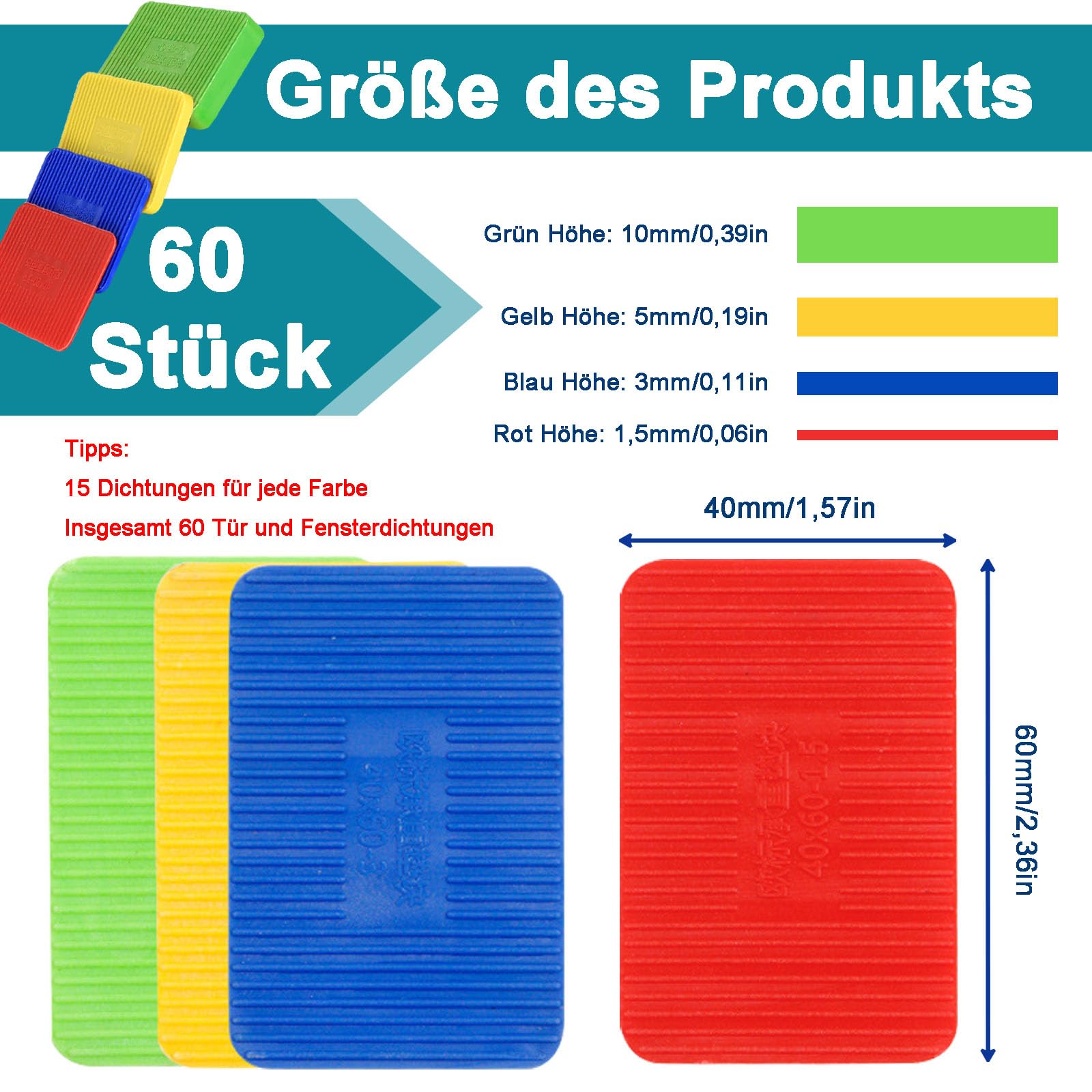 Unterlegplatten Kunststoff, 60 Stück Mehrfarbige Ausgleichsplatten aus Kunststoff, 60x40 mm Möbel Nivellierpads, 4 Stärke 1,5mm,3mm,5mm,10mm Unterlegplatten Sortiment, für Fenster, Türen
