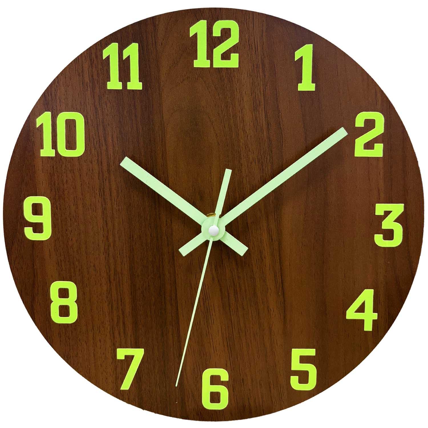 Glow in The Dark Wall Clock, 12 Inch Modern Silent Non Ticking Wall Clocks Battery Operated, Night Light Wall Clock for Living Room Decor, Wall Clocks Decorative for Kitchen Bedroom（Brown）