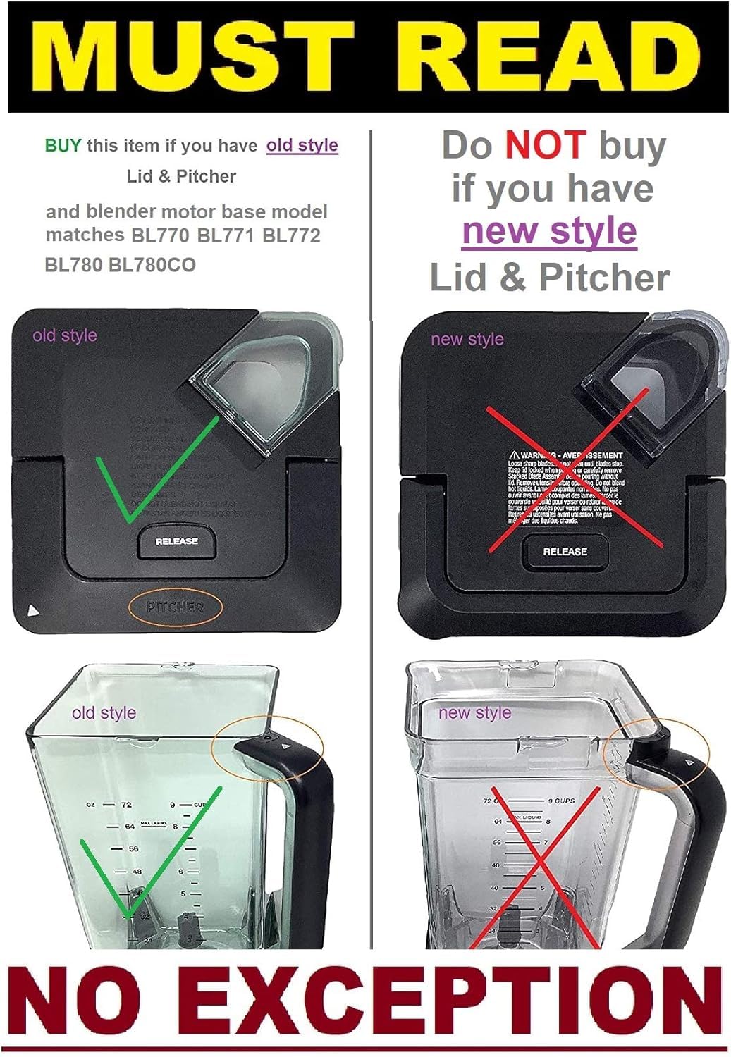 Replacement 72oz Pitcher (Old Style Model) for Ninja BL740 BL770 BL771 BL772 BL780 Professional Mega Kitchen System Blender