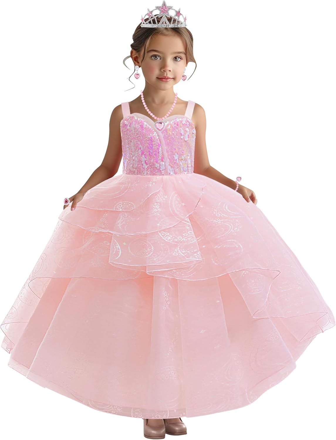 7 PCS Kids Good Witch Costume for Girls Pink Bubble Tulle Dress Princess Costume with Accessories Halloween Party