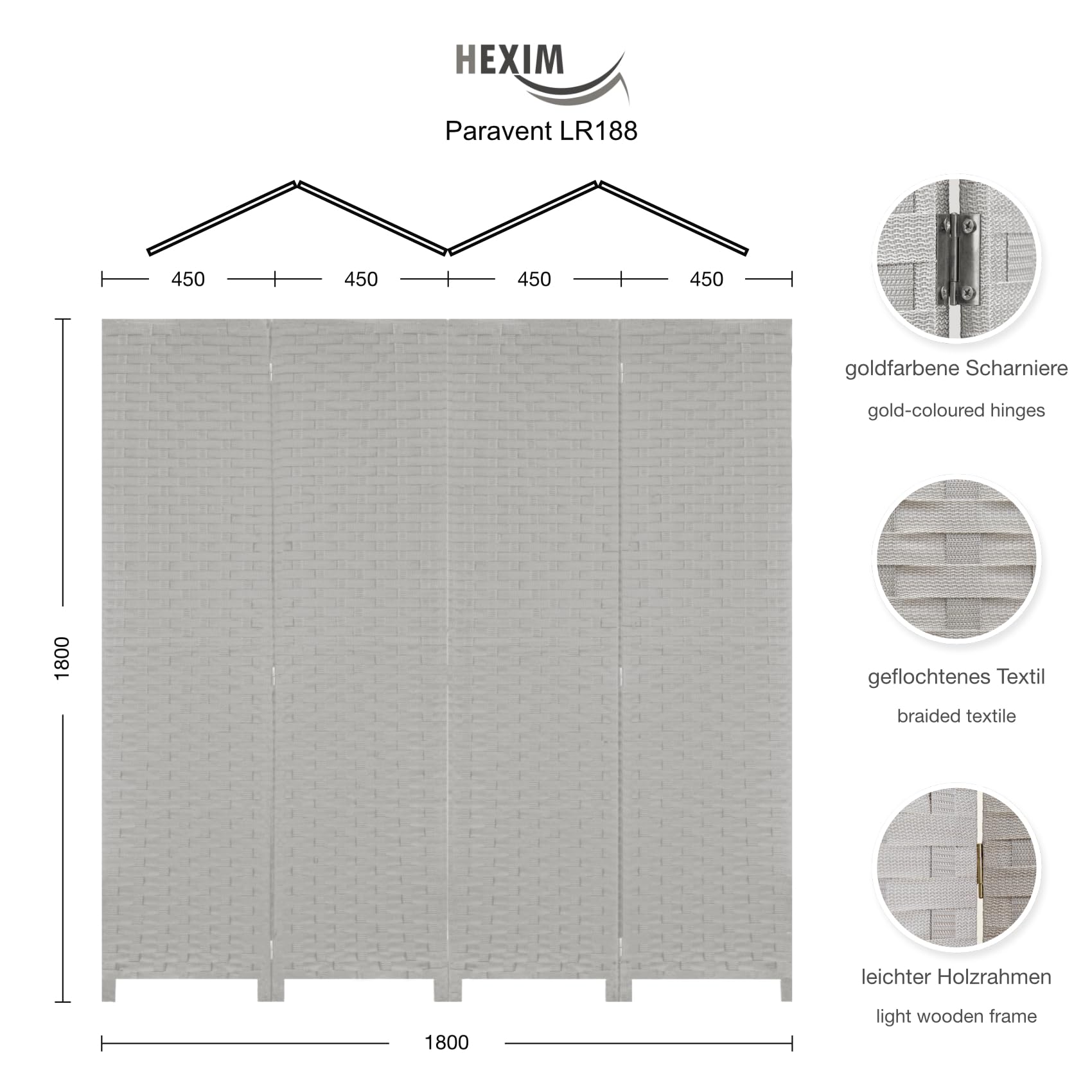 HEXIM Séparateur d'Espace 180x180 cm - Paravent pliable 4 pans - Écran de confidentialité pour terrasse et jardin, autonome (LR188-gris)