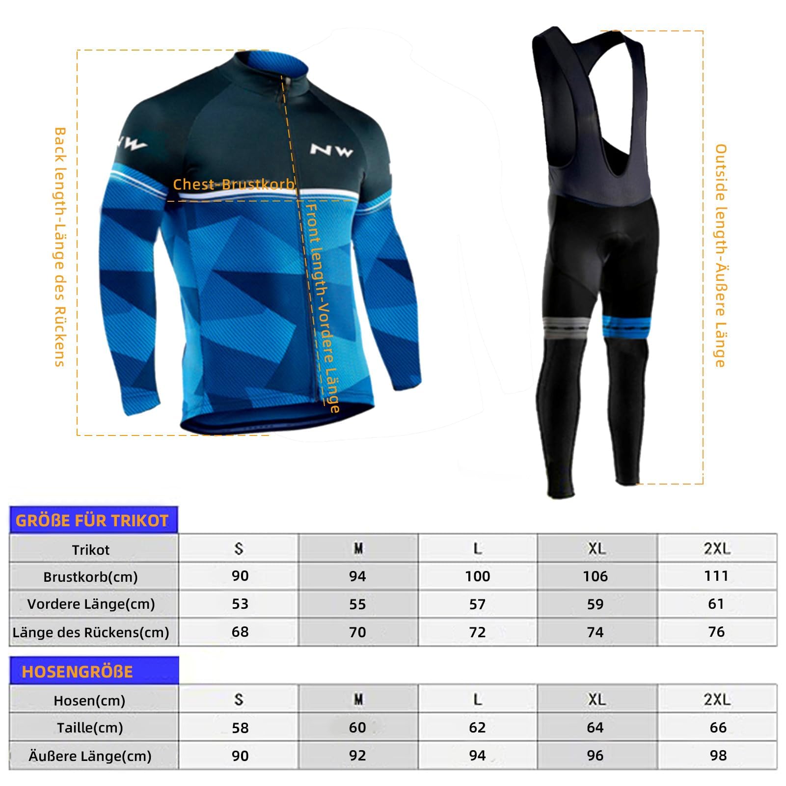 Ensemble de cyclisme d'hiver pour homme - Maillot de cyclisme à manches longues + pantalon de cyclisme d'hiver pour homme avec rembourrage 3D - Bleu - Taille 2XL, bleu, XXL