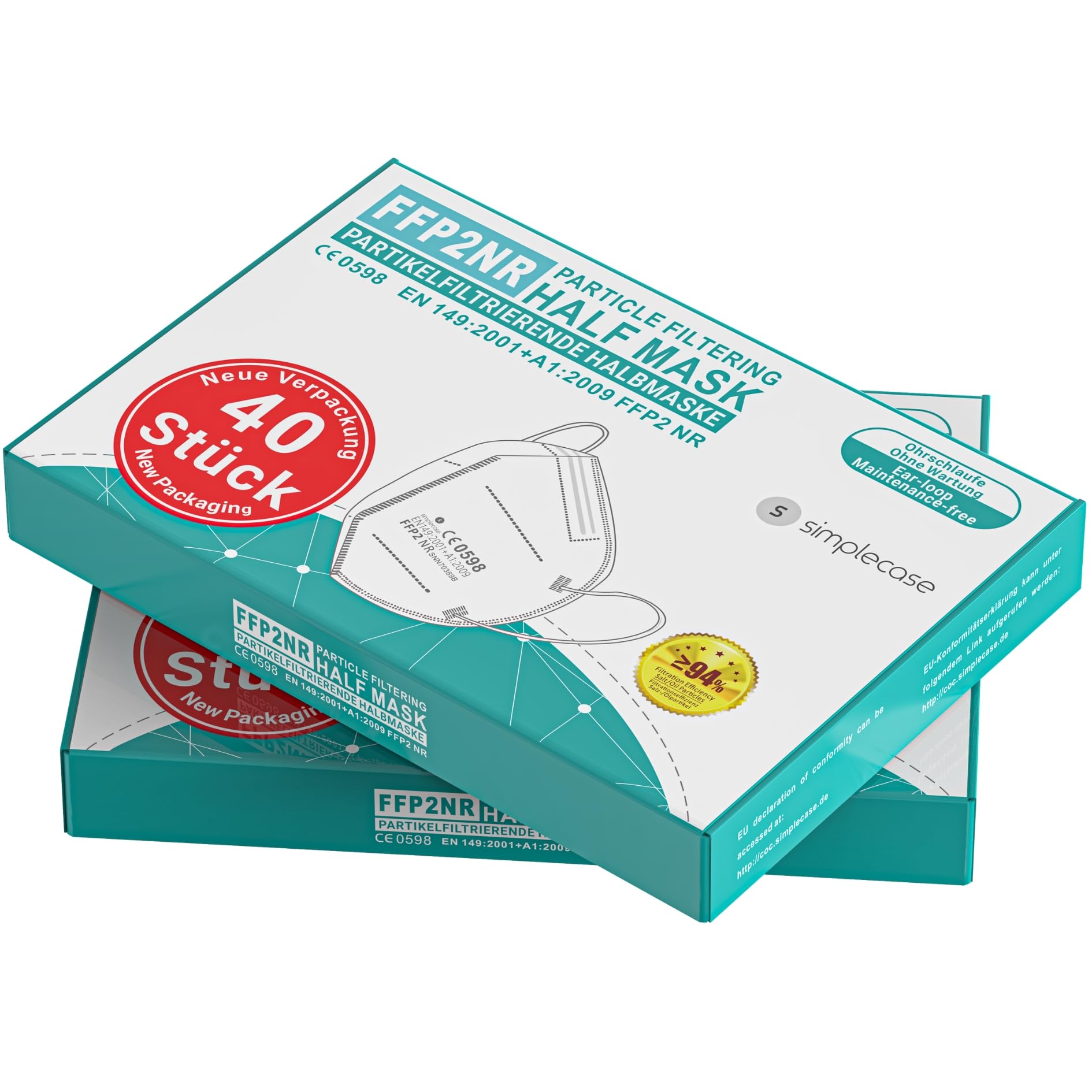 Simplecase - 80 mascherine FFP2, certificate dall'organismo designato ufficialmente 0598, respiratore, maschera per filtro antiparticolato