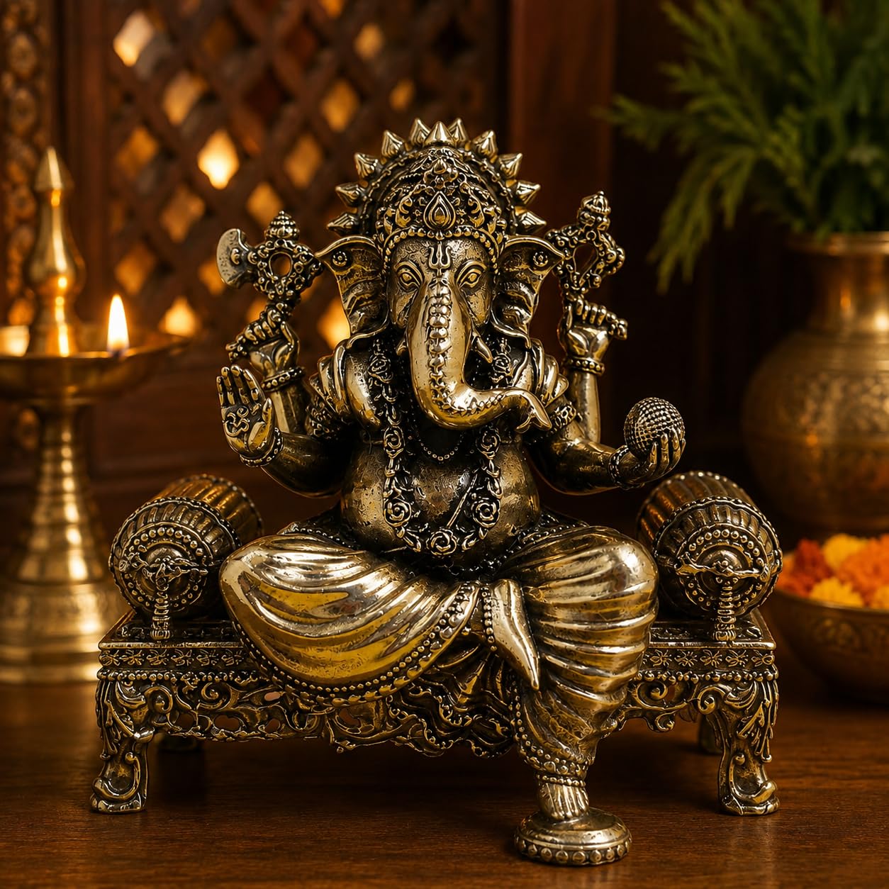 CraftVatika Idolo in ottone di Ganesha seduto sul trono – Idolo seduta di Ganpati in ottone Ganesh Murti Statua Pooja Decorazione per la casa Regalo (9,6 cm di altezza)