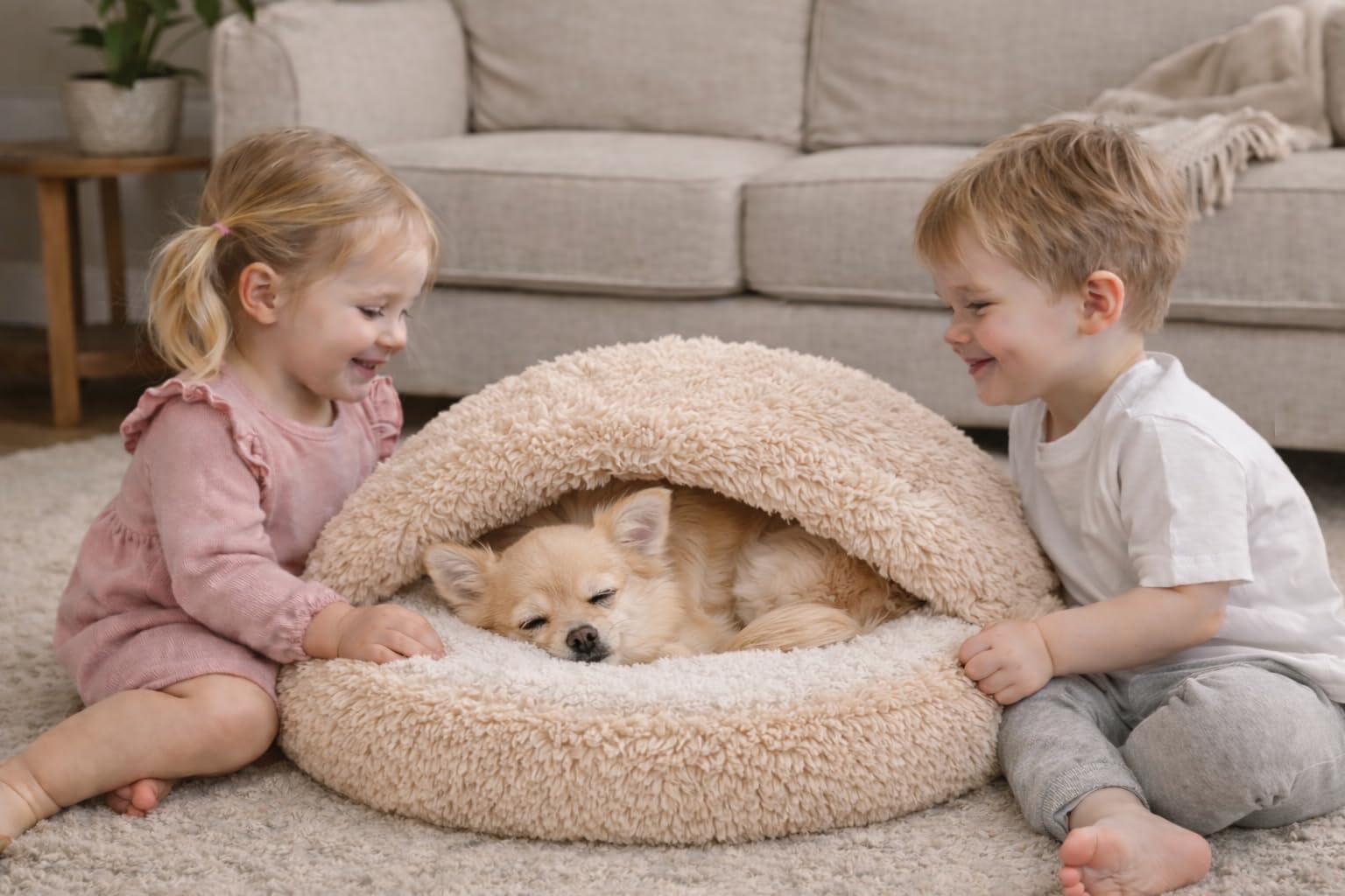Odolplusz Rundes Kuschel-Hundebett und Katzenbett, Beige, Shaggy Bouclé, Schlafsack-Design, Warmes Höhlenbett, Rutschfester Boden, Maschinenwaschbar, für Mittelgroße Hunde und Große Katzen (80 cm)