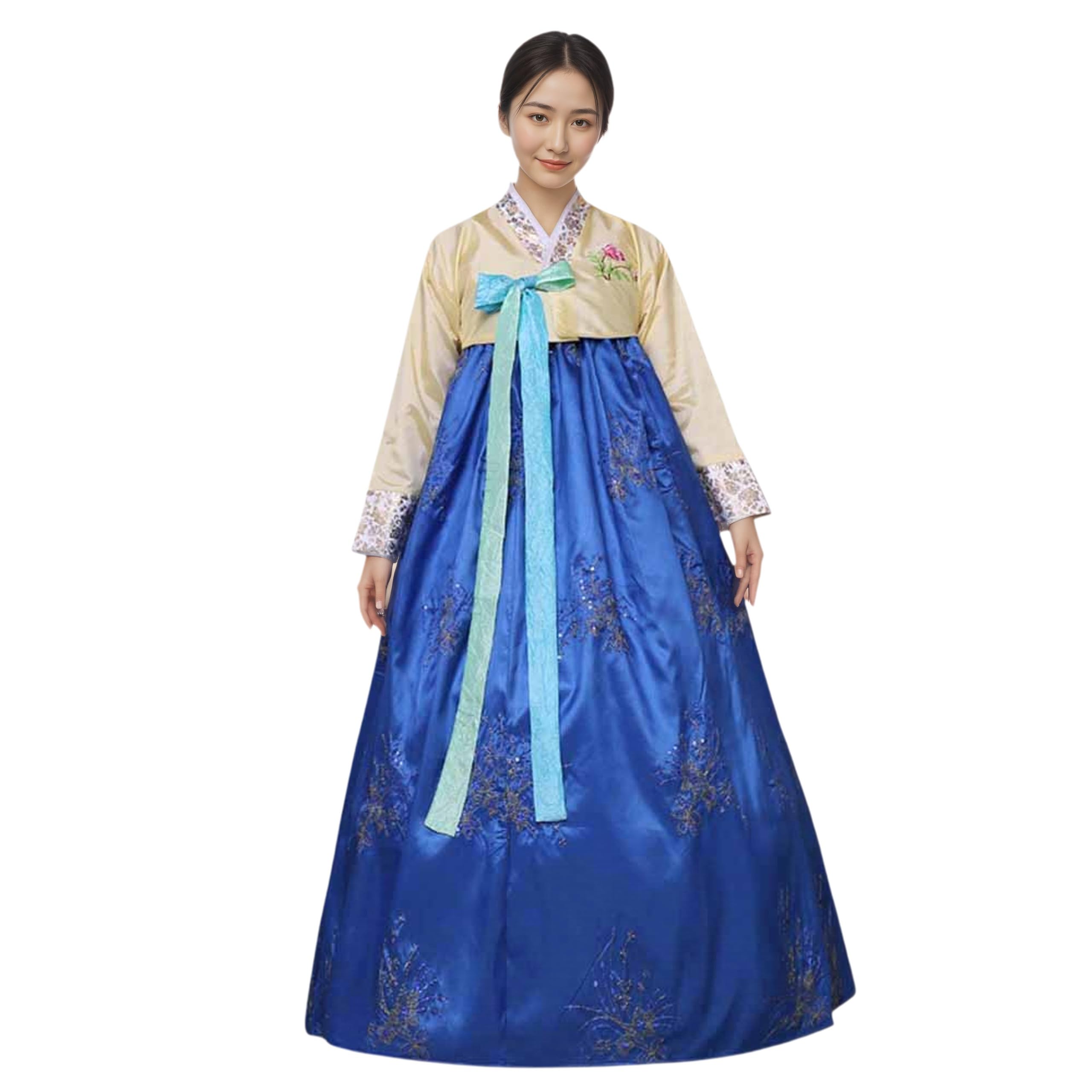 Traditionelles Koreanisches Hanbok-Kleid für Damen, langärmelig, Palast, Hochzeit, Tanzkostüm, mit gestickten Blumendetails
