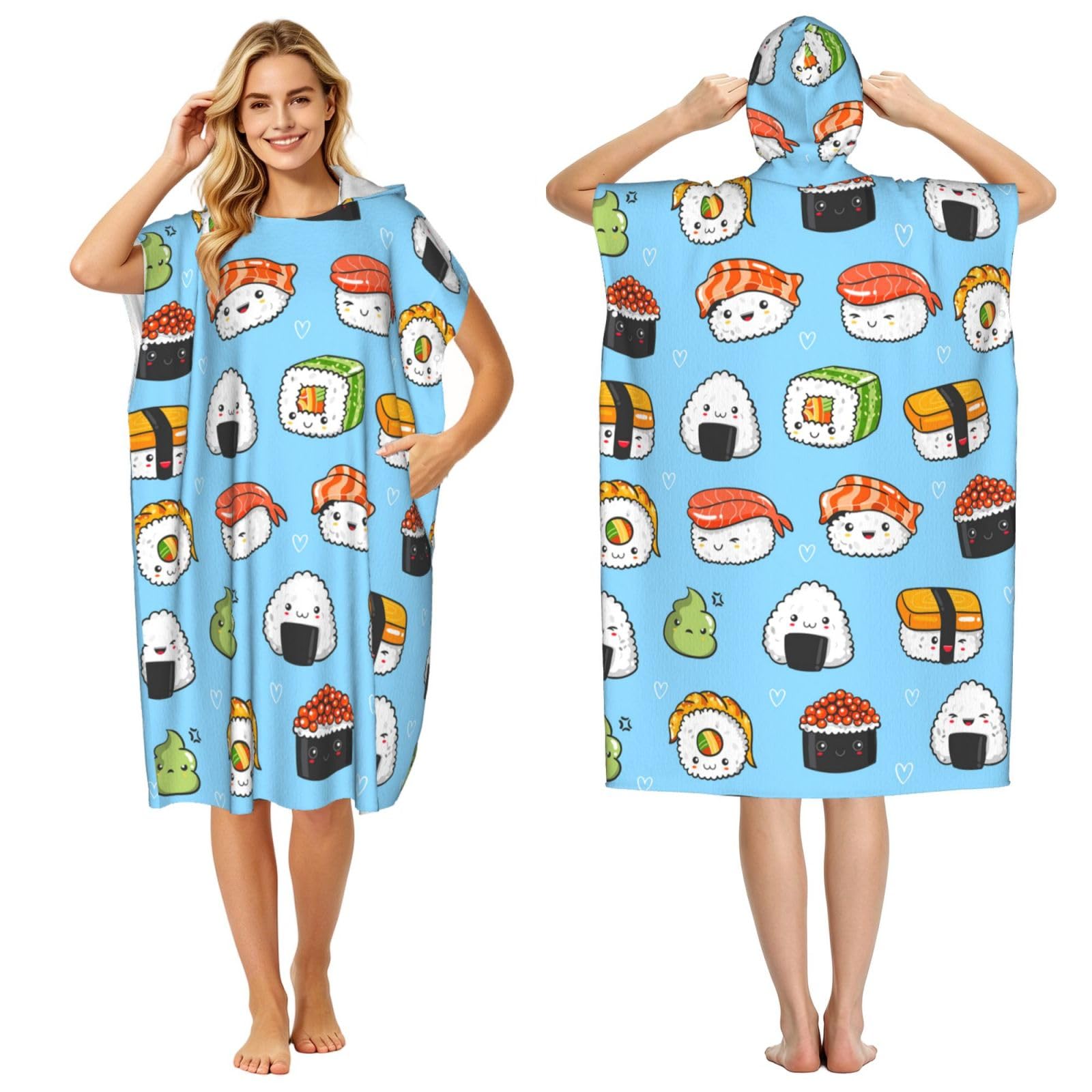 Poadnly Sushi And Sashimi, Adult Hooded Beach Towel 90 x 110 cm,Changing Bath Robe, Surf Poncho Towel For Women Men